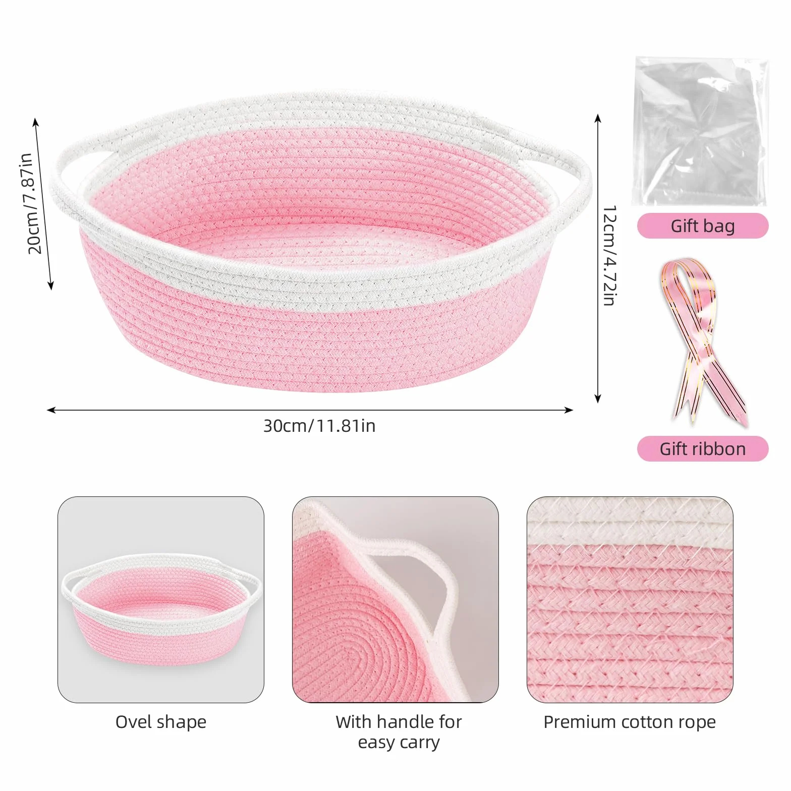 FRUHLING Cesta de regalo vacía trenzada con bolsas de celofán y lazo, almacenamiento de cuerda de algodón (blanco-rosa)