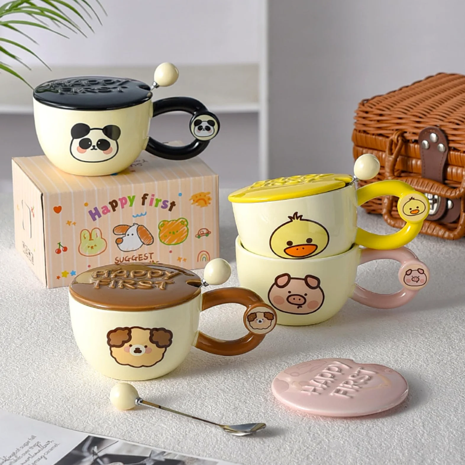 Taza de desayuno de 400 ml con cuchara de boca ancha para parejas, cerdo, 400 ml