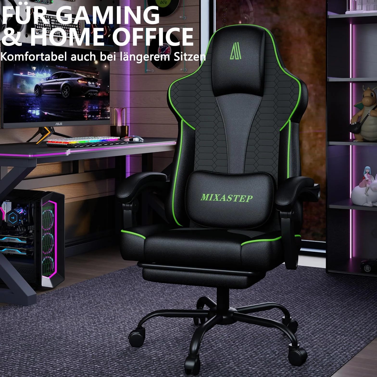 Silla Gaming Ergonómica con Respaldo Ajustable y Giro de 360° – Silla de Oficina para Adultos/Adolescentes 150KG, Silla de PC de Tela Verde para Oficina en Casa/Juegos