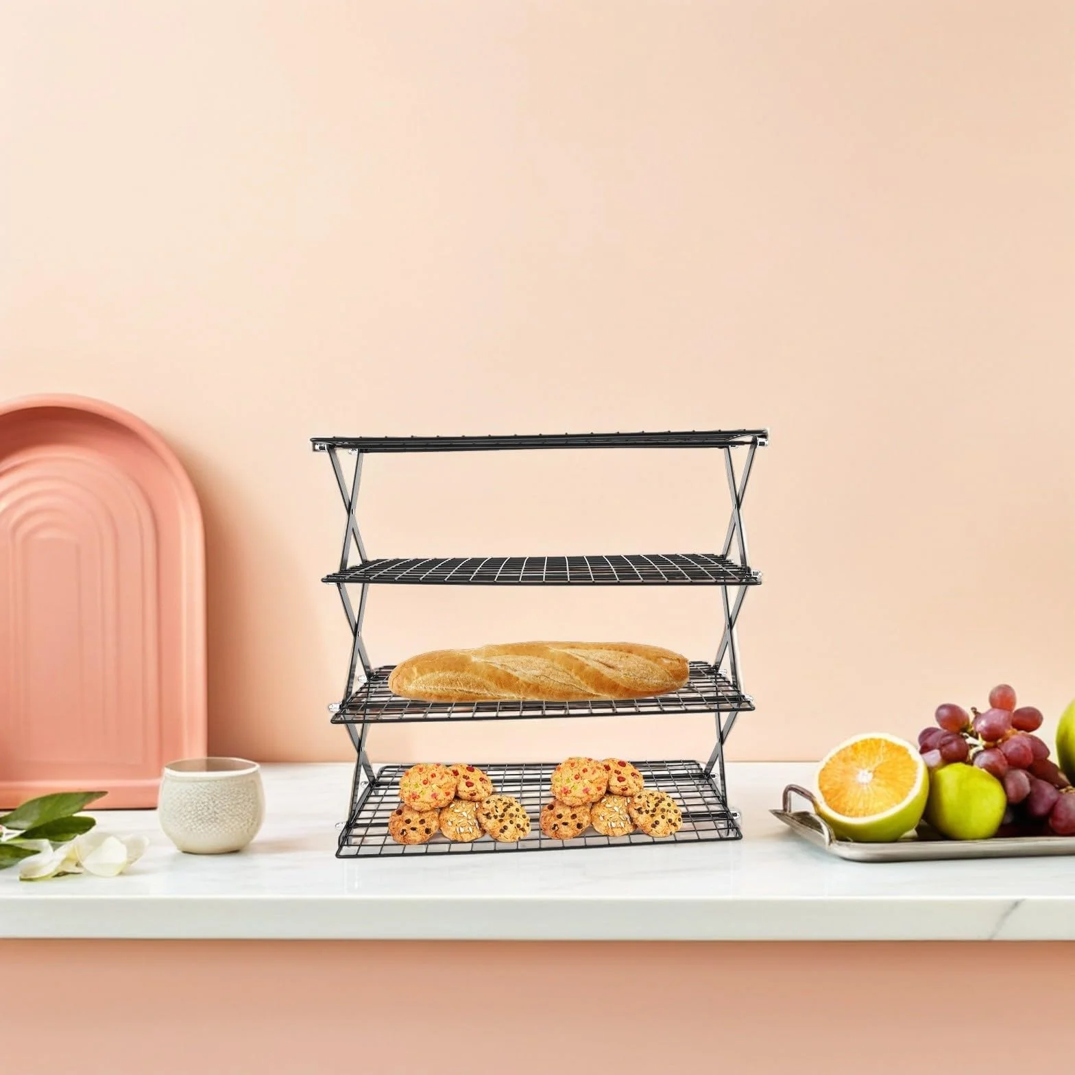 IMIKEYA Rejilla de Enfriamiento de Pan de Hierro Negro, 4 Niveles | Apilable, Plegable, Superficie de Malla, para Galletas y Cocina Profesional