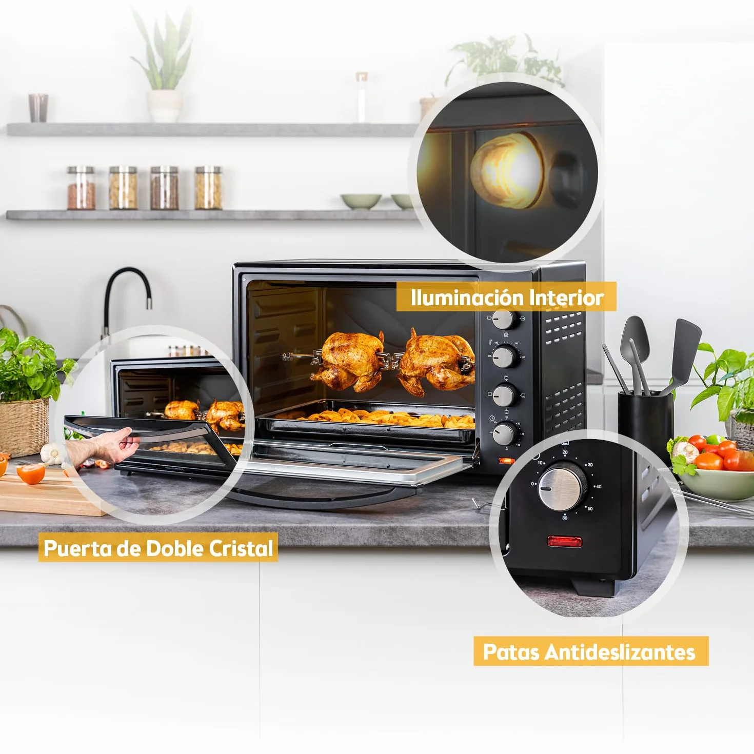 TZS First Austria - Mini Horno 60L 2000W - Minihorno espacioso para pizza con temperatura hasta 230°C y 6 modos - Con temporizador 60 min, 4 alturas de inserción, bandeja, rejilla y asador giratorio