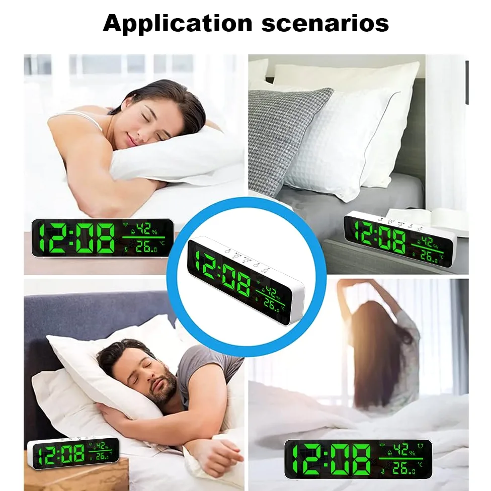 Reloj Digital Inteligente WiFi con Sensor de Temperatura y Humedad App Reloj Despertador Pantalla de Tiempo LED Termómetro Interior para Sala Estar Dormitorio Blanco