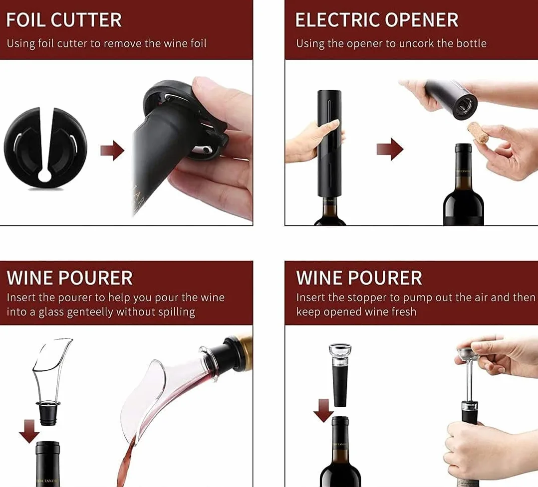 Sacacorchos Eléctrico, USB Recargable Abridor de Vino Automatico Profesional 5 en 1con Cortacapsulas Botella, Vertedor de Vino, Tapón de Vino de Vacío