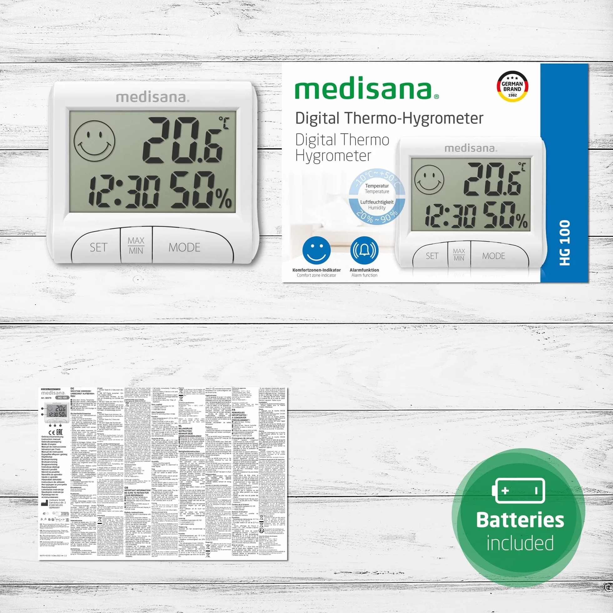 Medisana HG 100 Higrómetro digital, Termómetro ambiental, Medidor de humedad para habitaciones interiores, Indicación de la hora, Para un clima ambiental óptimo, Incluye función de memoria