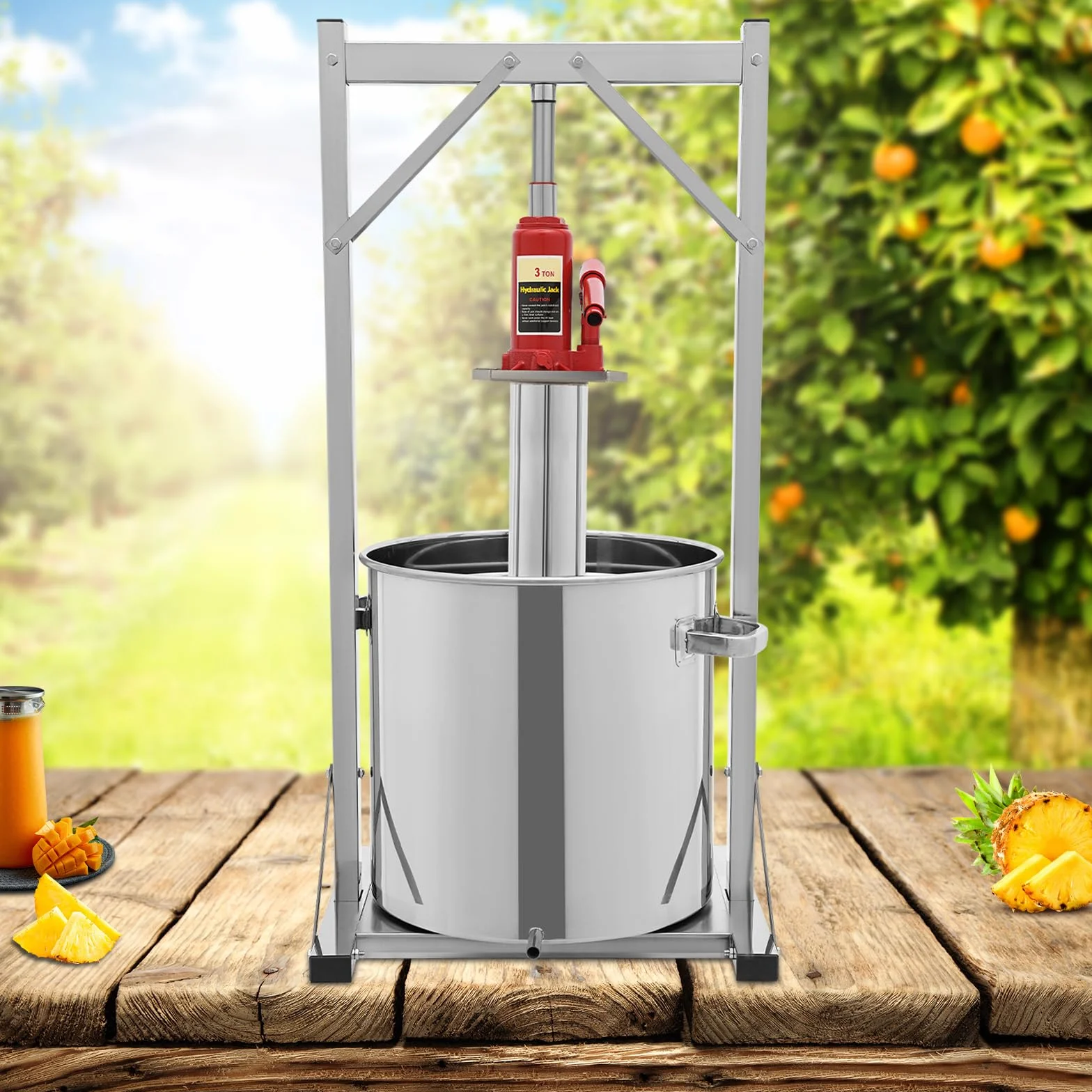 Exprimidor hidráulico de acero inoxidable 36L, 3T Frutas y Vino Prensa con Cubo de Filtro y Gato de Carro, Prensa de Frutas Manual para Vino, Verduras, Queso, Uso Hogar y Pequeñas Cervecerías