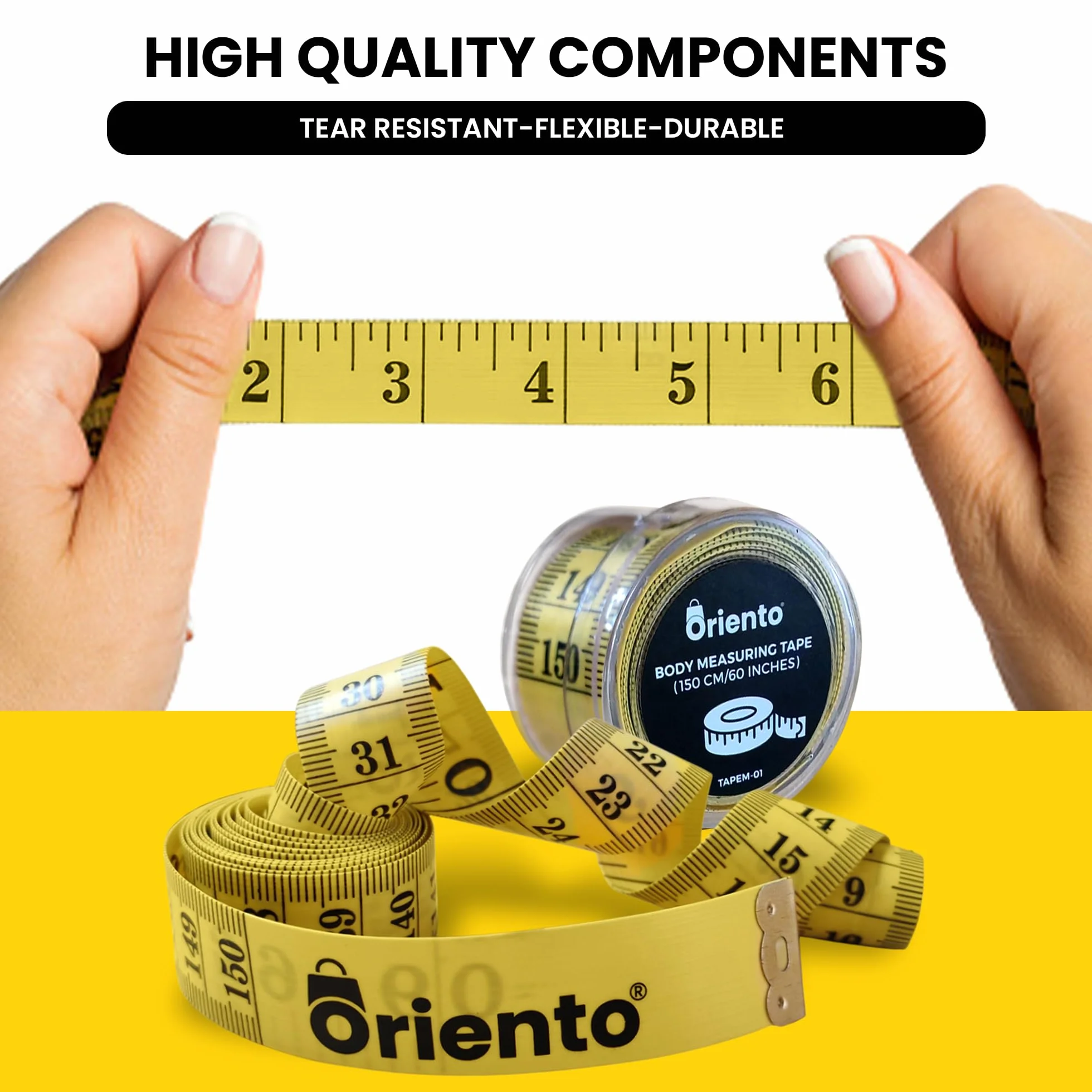 Oriento Cinta Métrica Corporal 150 cm/60 pulgadas – Metro de Costura Flexible a Doble Cara para Medidas Corporales, Sastrería, Pérdida de Peso y Manualidades – Amarillo (150 cm/ 60 inch)