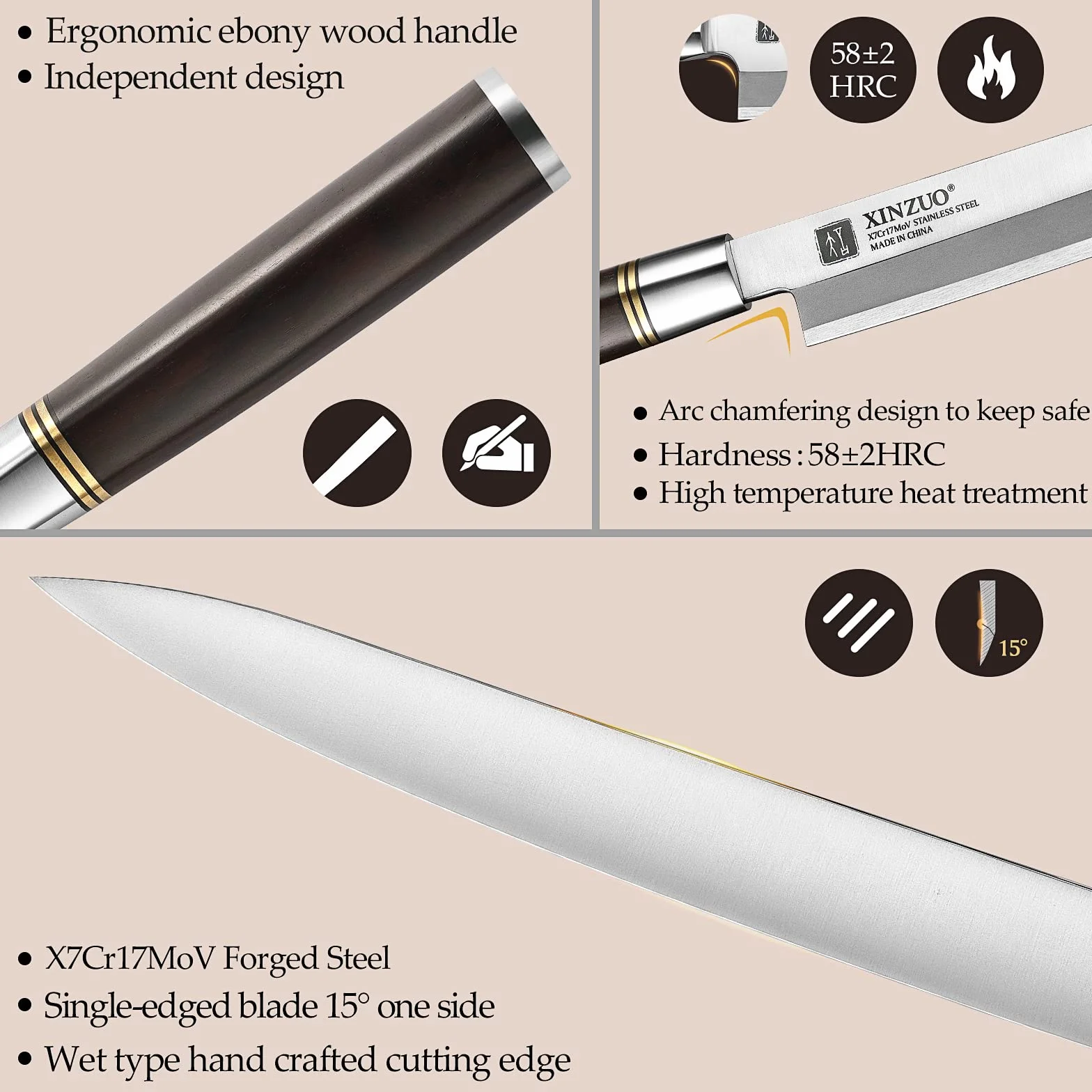 XINZUO 30cm Sashimi Cuchillo de Acero Inoxidable X7Cr17MoV, Yanagiba Tradicional Japonés con Hoja de un Solo Filo para Sushi, Mango de Madera de Ébano con Vaina
