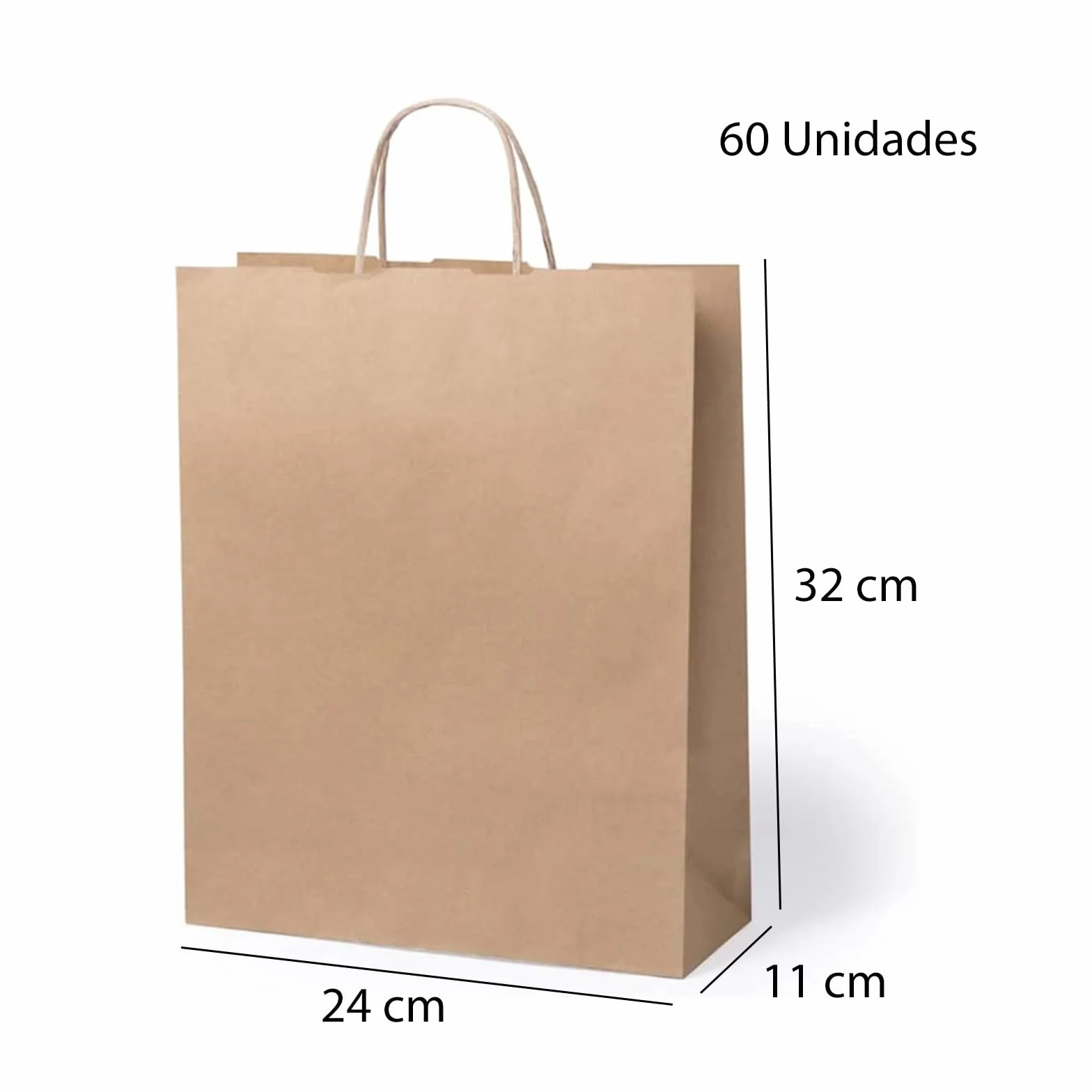 Lote 60 Bolsas de papel kraft medianas con asas 24 x 32 x 11 cm bolsas para regalos. Bolsas para comercios, ir al la compra de papel biodegradable, reutilizables ideales para regalar (Marrones)