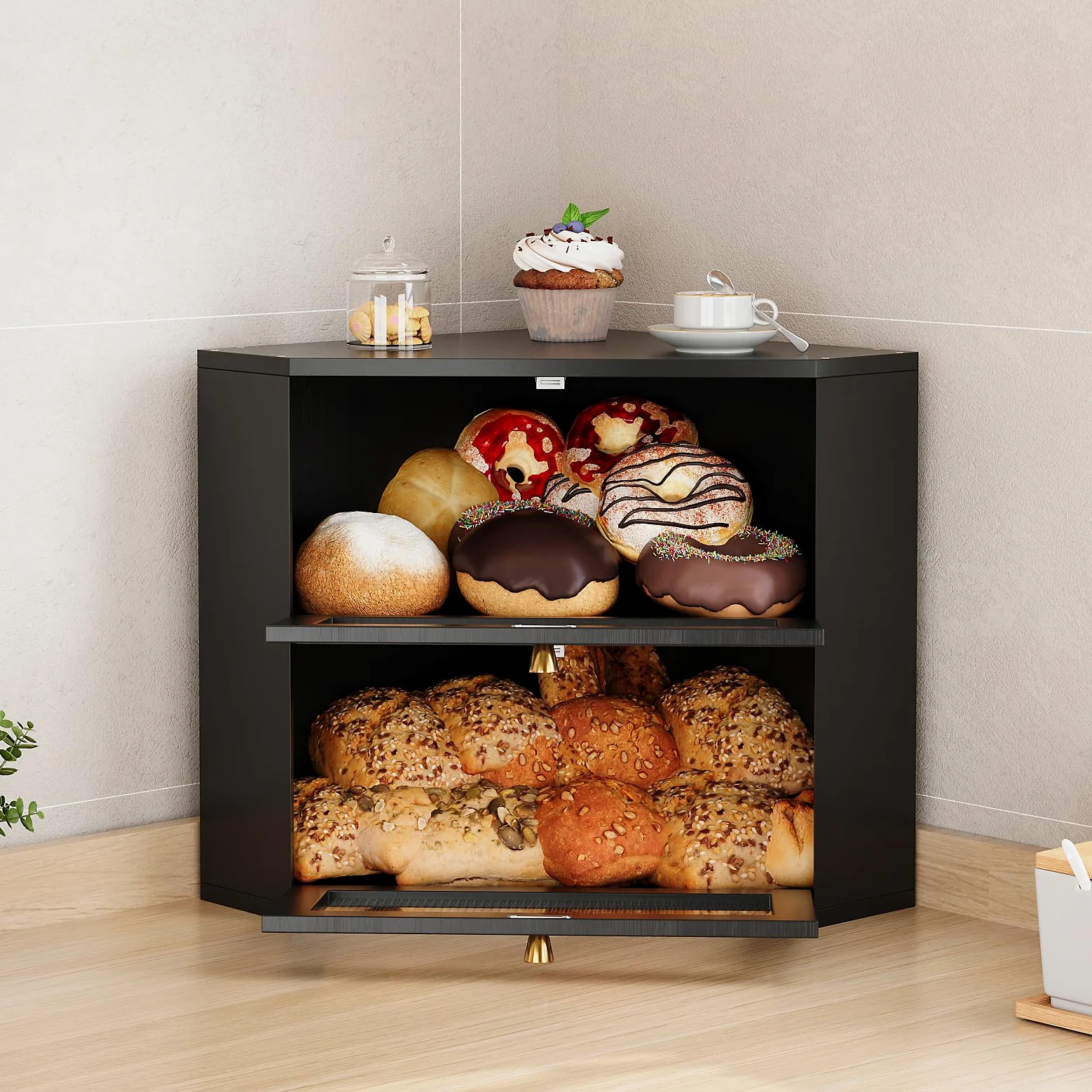 VEDECASA Panera de bambú para cocina, 2 niveles, con puerta acrílica transparente, apta para alimentos, con gran espacio de almacenamiento, color negro, 31 x 31 x 35 cm (negro)