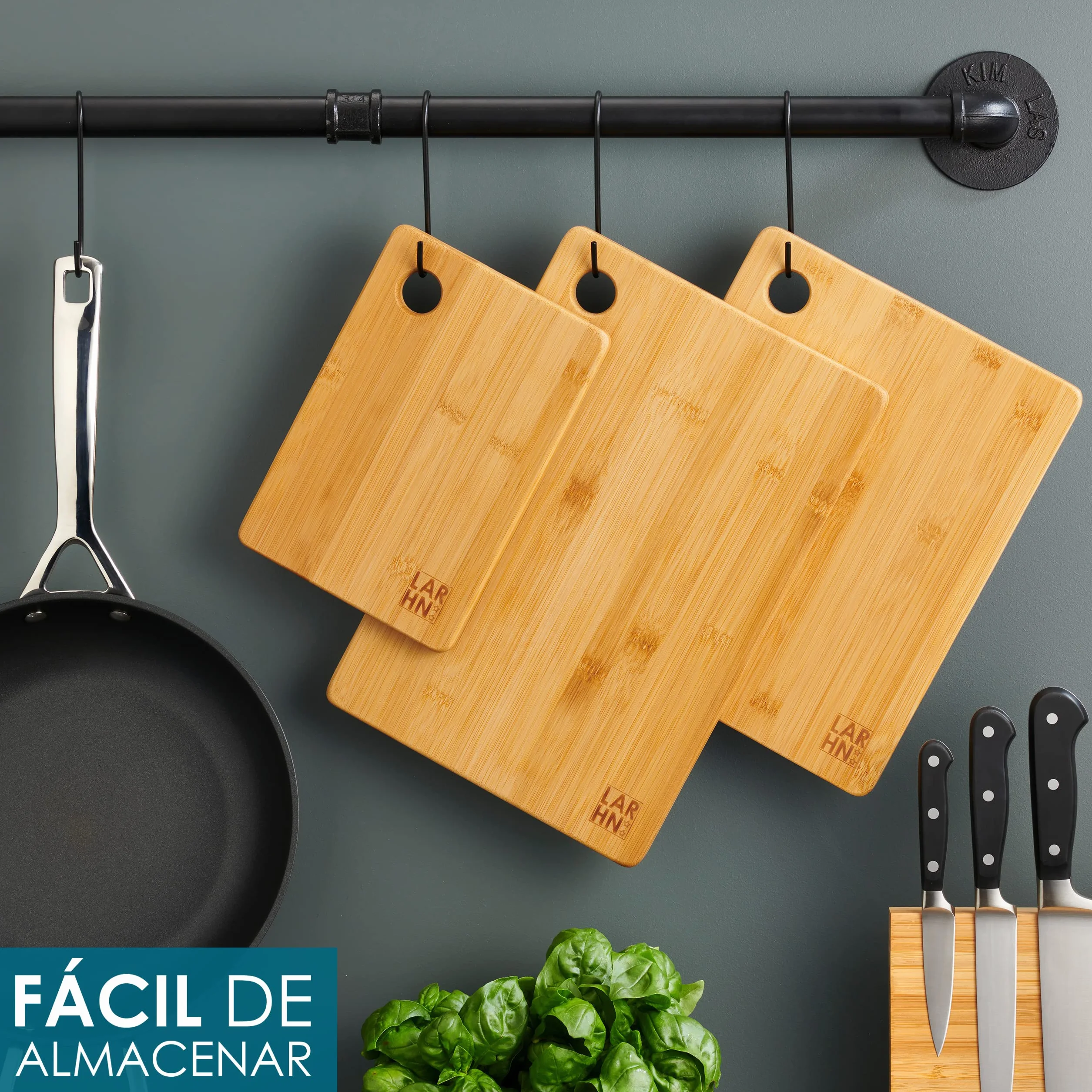 LARHN. Tablas de Cortar Cocina en Madera de Bambú – 3 Tablas Extra Gruesas 1,5 cm – Tabla de Cocina 33x22 / 28x22 / 22x15 cm – Resistentes, Fáciles de Limpiar y Respetuosas con los Cuchillos