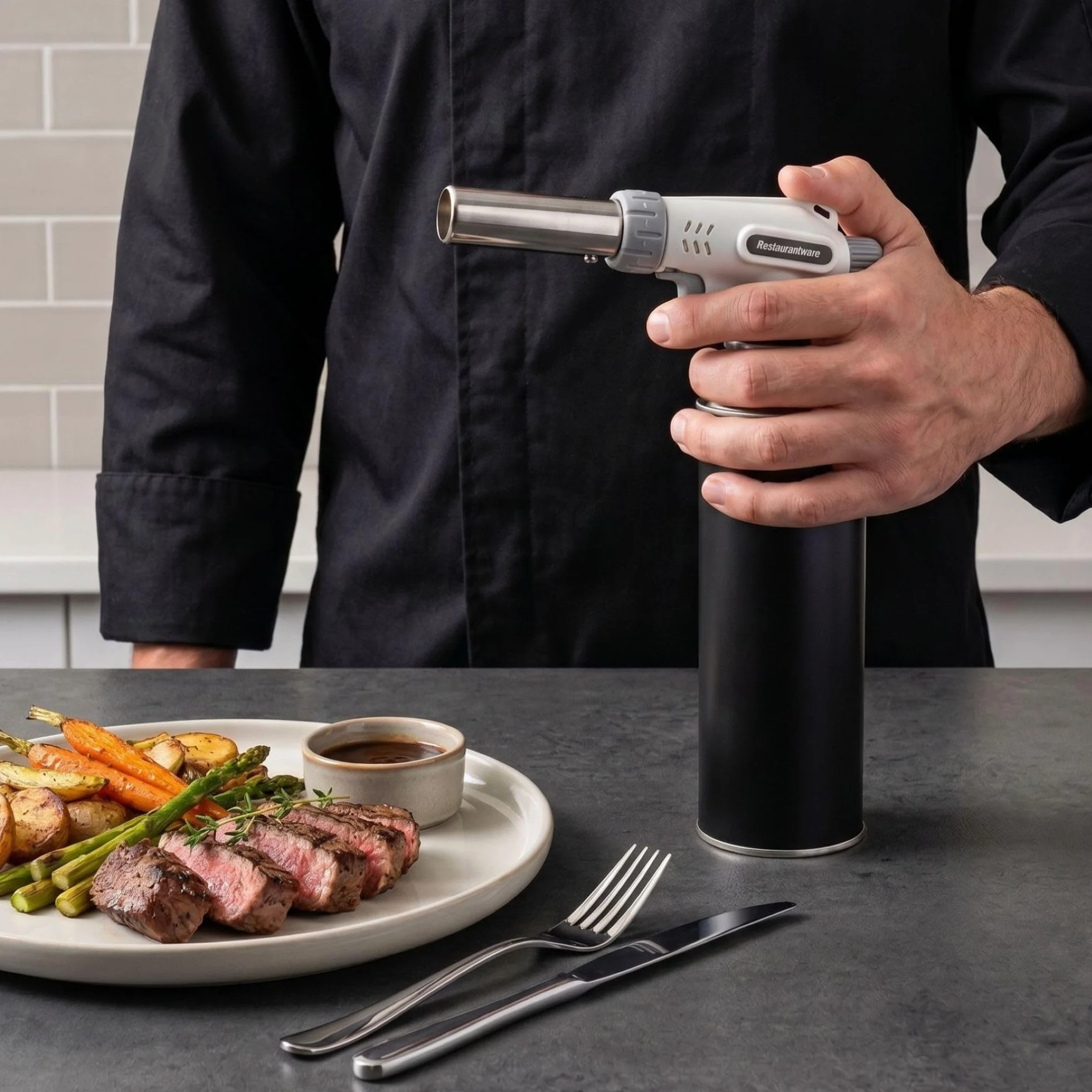 Restaurantware -RW Pyro Creme Brulee Antorcha con llama ajustable, 1 soplete culinario recargable, tanque de gas butano no incluido, sin acampanado, blanco, para hornear, cocinar, barbacoa y más