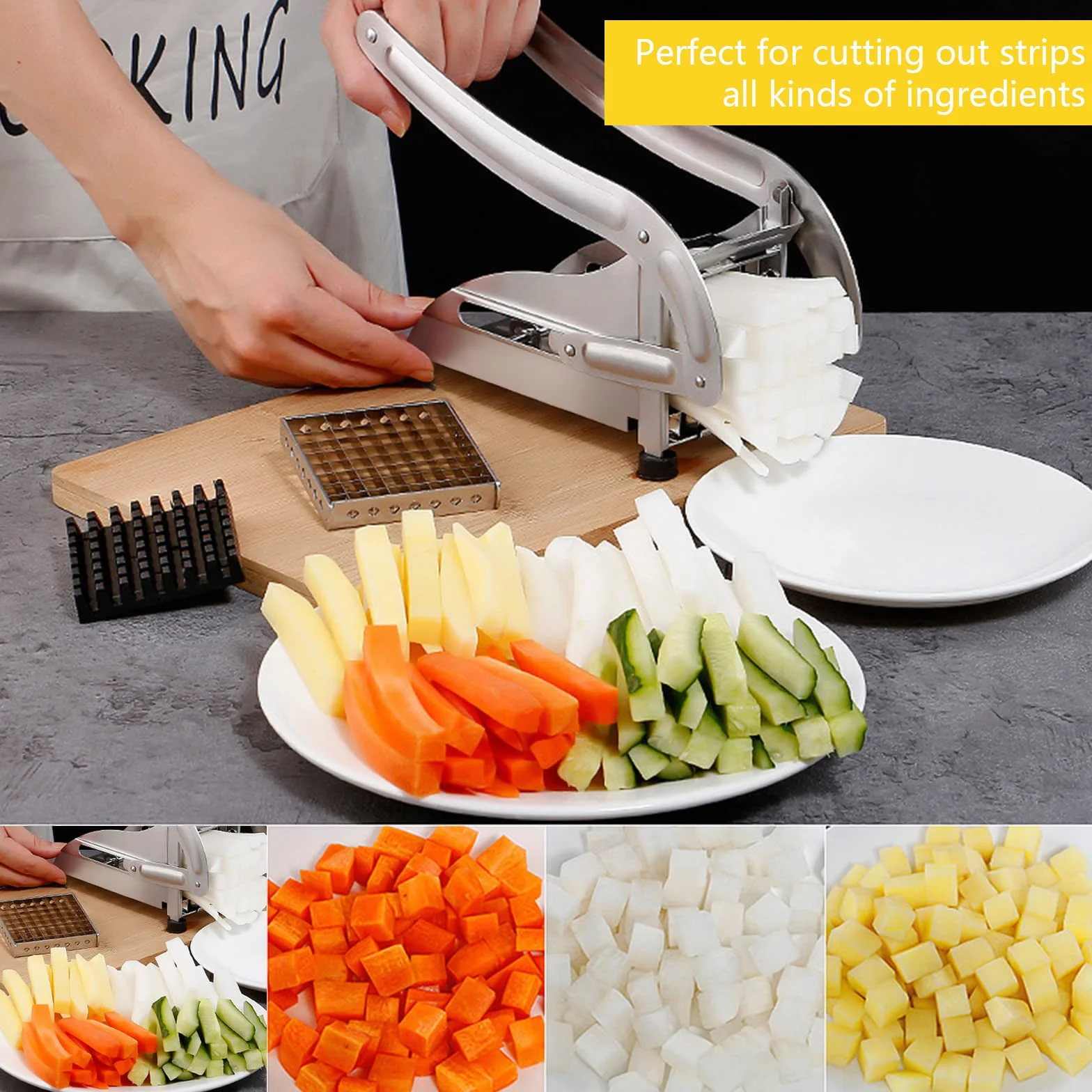 Cortador de Patatas Fritas, cortadora de Patatas con 2 Cuchillas afiladas, Acero Inoxidable