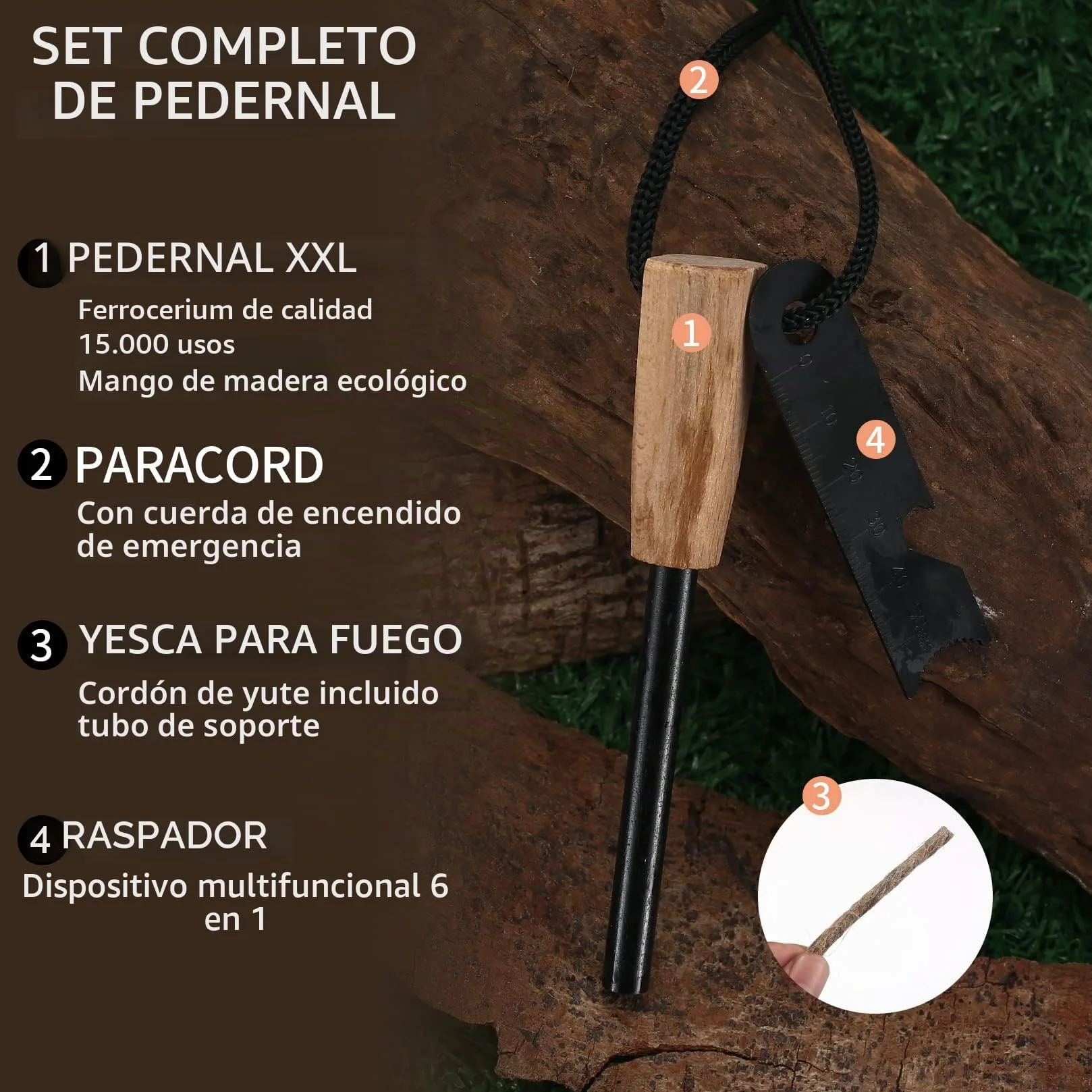 Pedernal de Supervivencia Pedernal para Fuego Encendedores de Acero con Mango de Madera Camping Exterior