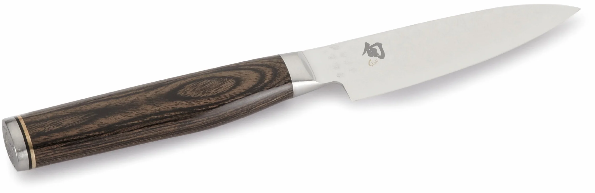KAI Shun Premier Tim Mälzer Cuchillo de oficina japonés con hoja de 10 cm - Núcleo VG-MAX 61 (±1) HRC, 32 capas de Damasco pulido - Mango de madera de Pakka color marrón medio -Hecho en Japón