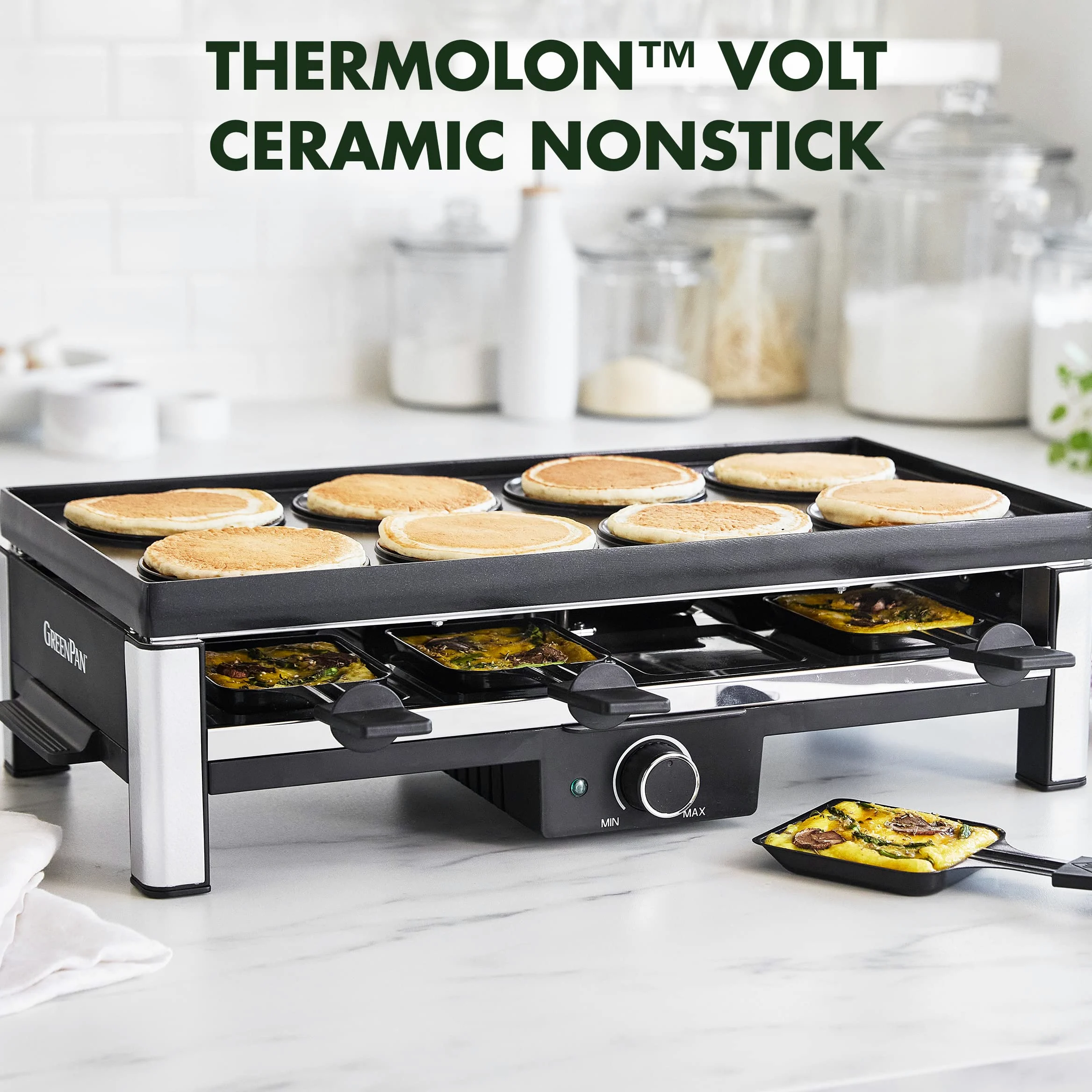 GreenPan Bistro Raclette Grill de Cerámica Antiadherente Sin PFAS, Eléctrico de Mesa para 8 Personas, Reversible 3 en 1 Parilla,Plancha y Crepes, 8 Mini-Sartenes Antiadherentes y Espátula,Lavavajillas