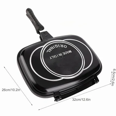Sartén de Doble Cara, Sartén Doble Antiadherente de Aluminio para Parrilla, Sartén para Tortilla, Sartén Abatible con Mango Anti Quemaduras, Suministros de Cocina de 12,6