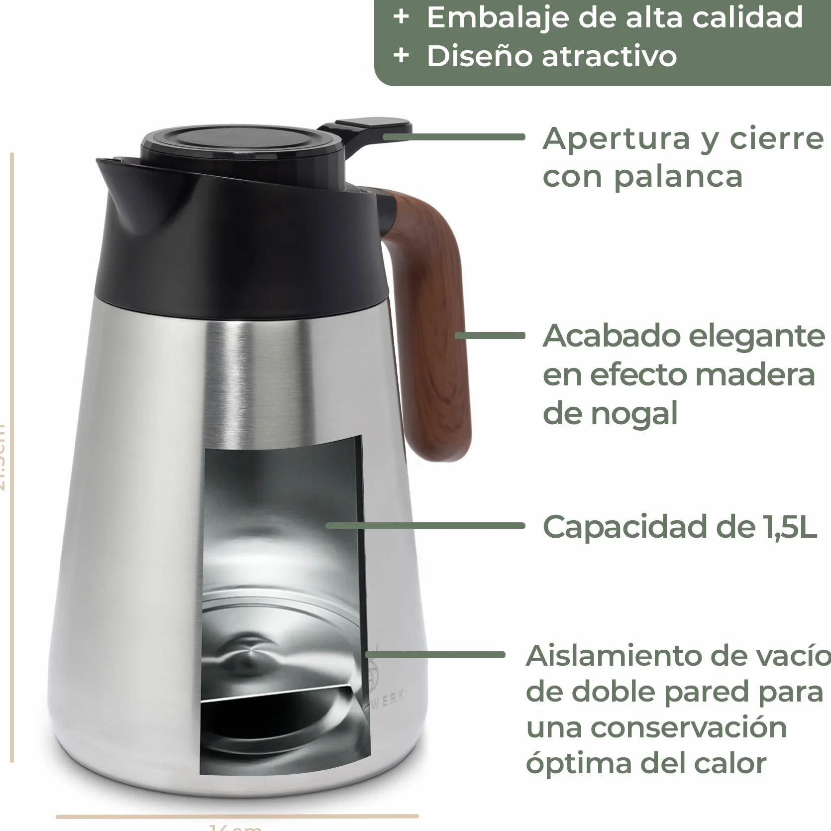 WALDWERK Jarra Termo (1,5 L) – Termos de café de acero inoxidable 304 de doble pared – Termo agua caliente con vertido antigoteo – Jarra termica para café