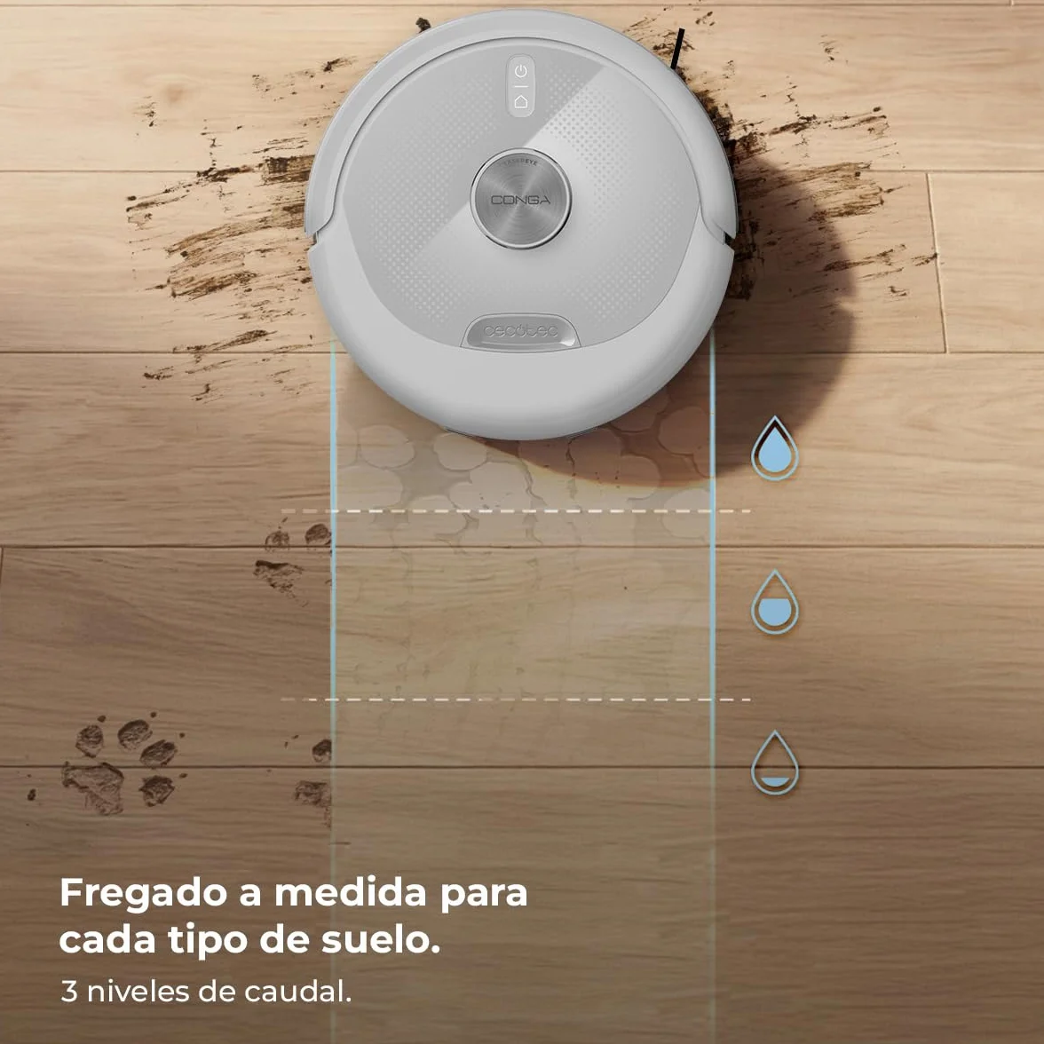 Cecotec Robot Aspirador - Base Autovaciado 3L - IA y Navegación Láser - 25000Pa - Conga Y90 Pearl. Autonomía 240mins en Modo Eco, Cepillo Silicona, Ideal Casas Mascotas, Bluetooth y WiFi, 2 Mopas