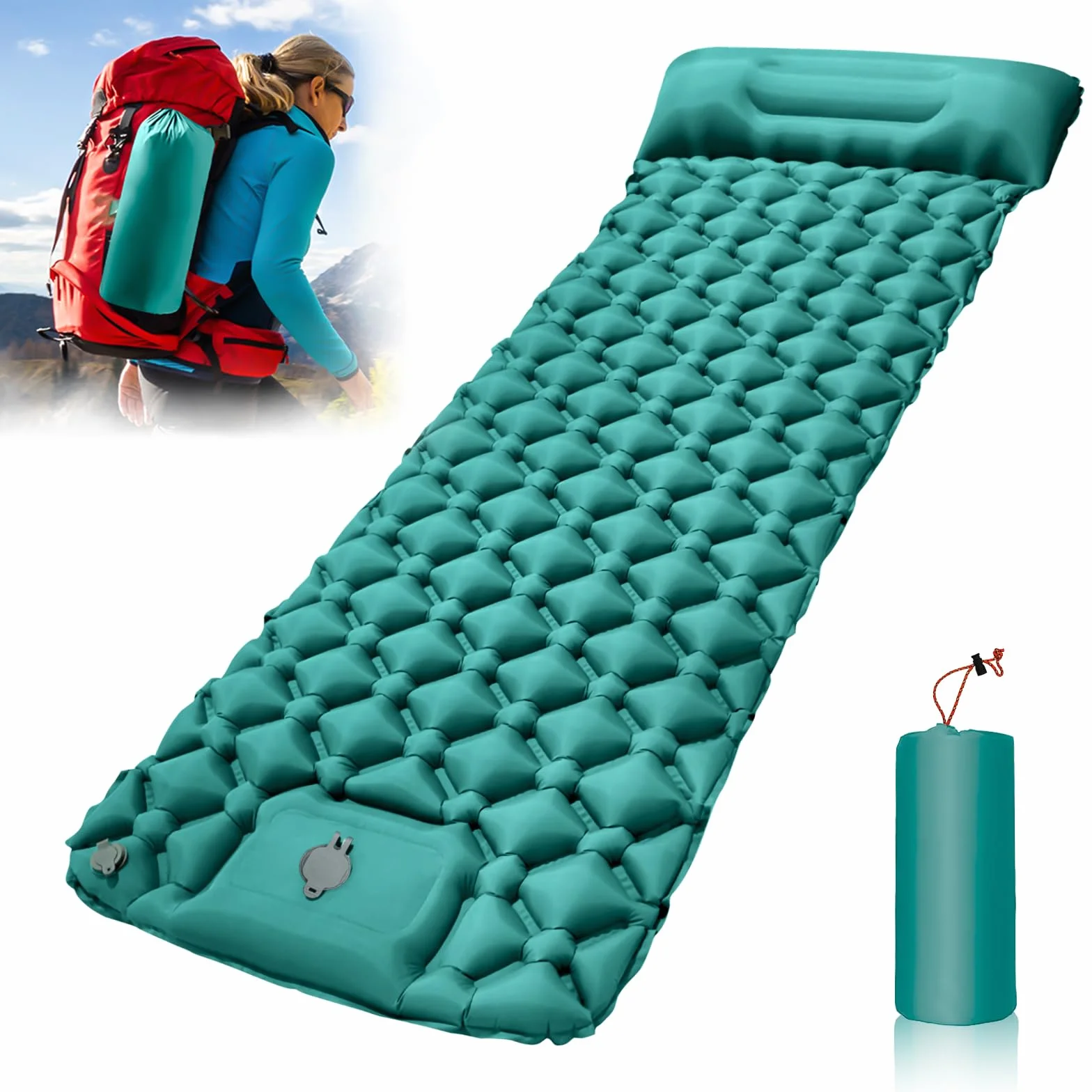 Colchoneta Camping Autoinflable Individual con Bomba de Pie y Almohada, Colchón de Aire Ultraligero Compacto