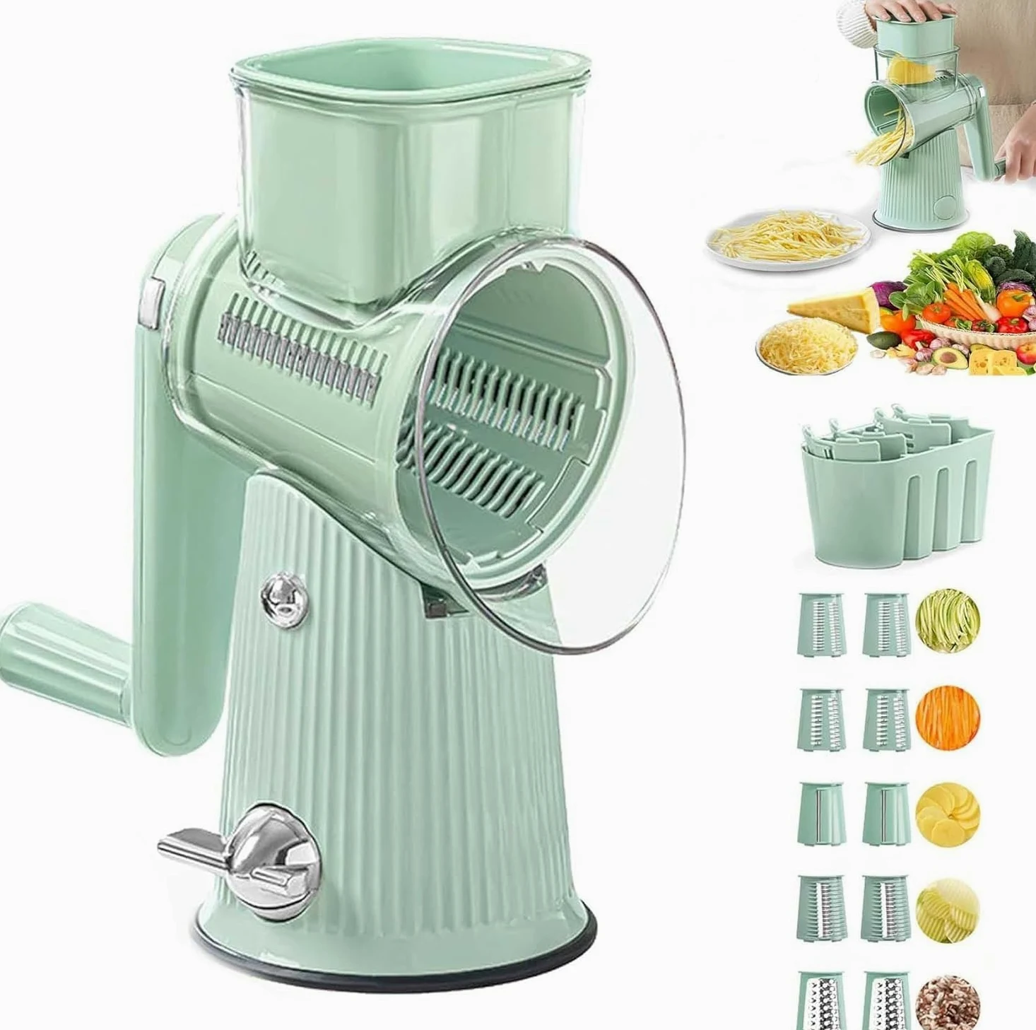 Rallador de queso y cortador de verduras con 10 cuchillas intercambiables y base de succión para patatas, zanahorias, queso, chocolate y más