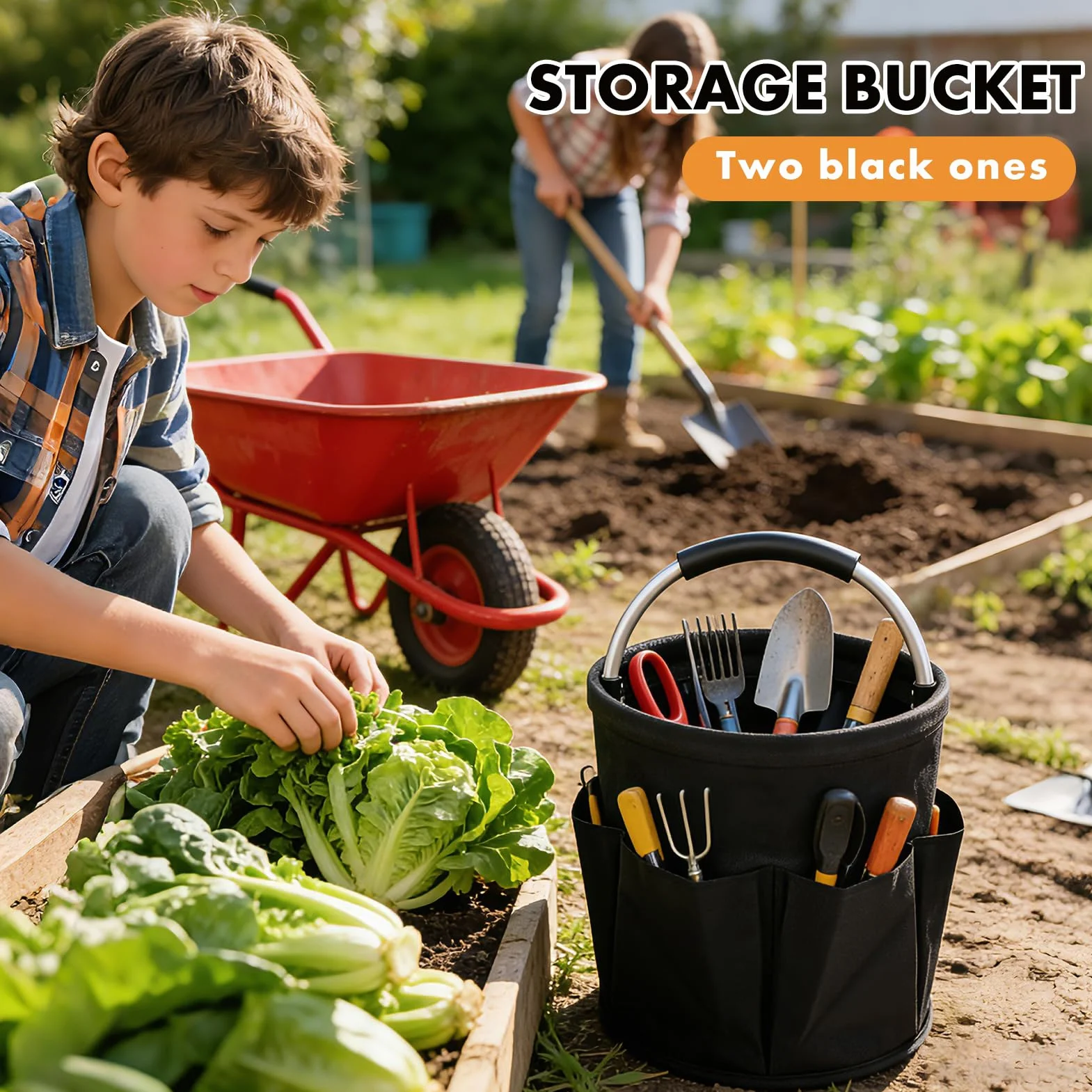 Organizador de Limpieza Plegable de 2 Piezas, Cubo 17L con Asa y 6 Bolsillos, Bolsa Almacenamiento de Tela Oxford 600D Impermeable, Cubo Portátil Multiusos para Hogar, Baño, Jardín,Negro