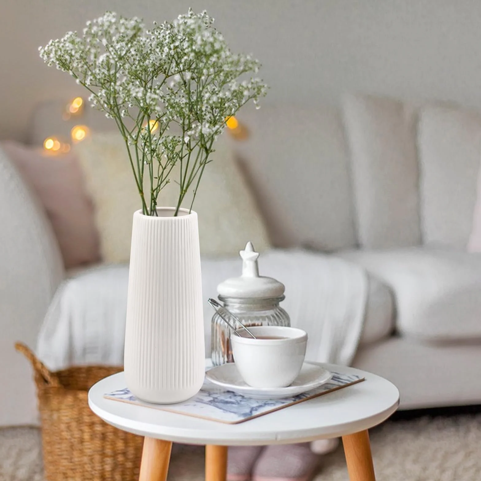 Jarrón de cerámica blanco decorativo moderno con ranuras para flores y hierba de las pampas, pequeño formato para casa, salón, mesa de comedor, entrada, oficina