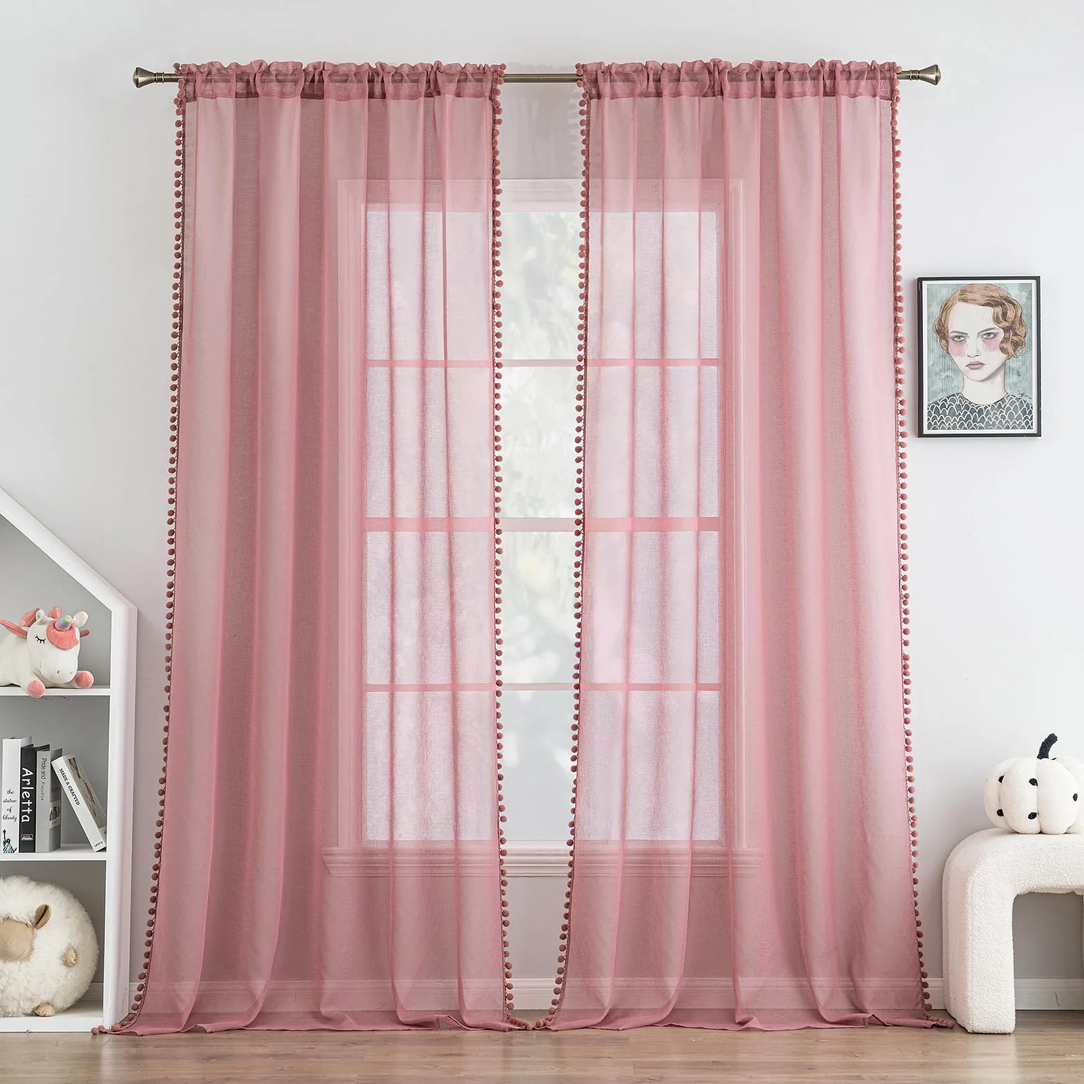 MIULEE Cortina Habitacion Rosa Oscuro con Pompones, 2 Piezas Translucidas 140 x 145cm, Visillos Transparentes para Ventanas