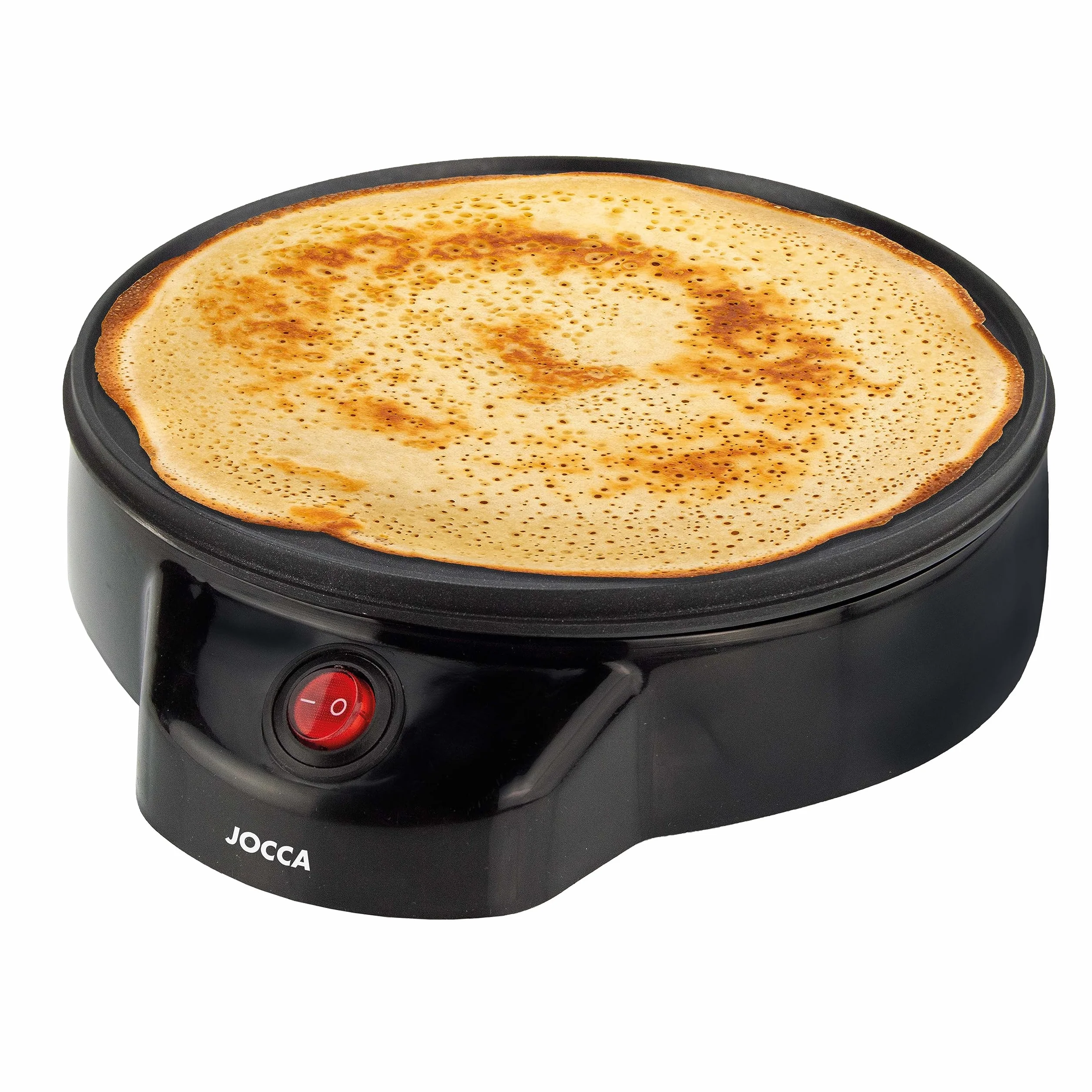 JOCCA - Máquina Crepera Eléctrica con Placa de 22 cm de Diámetro| Potencia 700W| Revestimiento Antiadherente| Incluye Esparcidor de Madera| Boton on-off| Indicador Luminoso| Ideal para fiestas| Negro