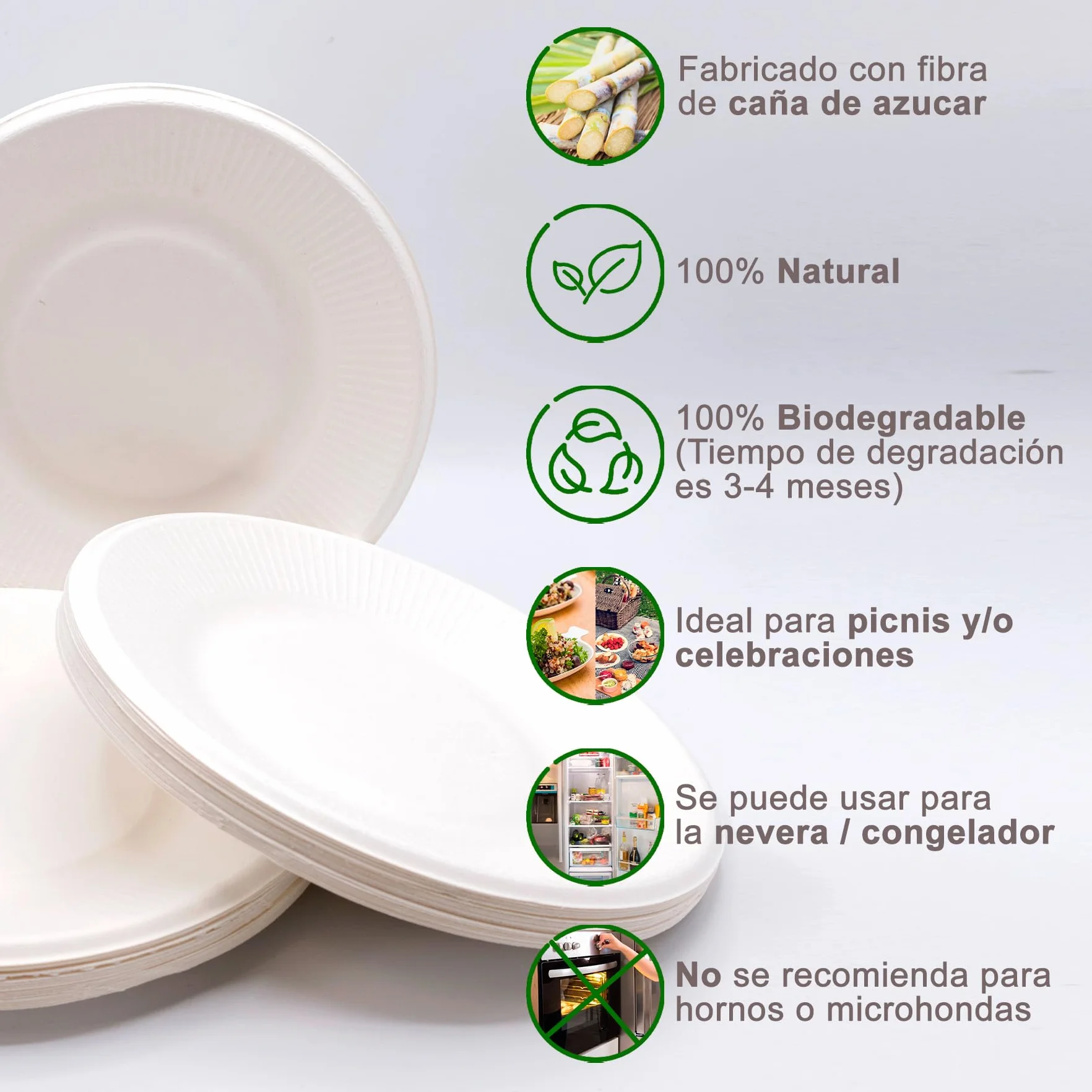 Pack 50, 100, 200, 500 o 1.000 Platos Desechables Biodegradables, Hechos de Fibra de Caña de Azúcar, Natural, 100% Biodegradable, Redondo, Planos, para Comidas, Barbacoa, Fiestas, Cumpleaños.