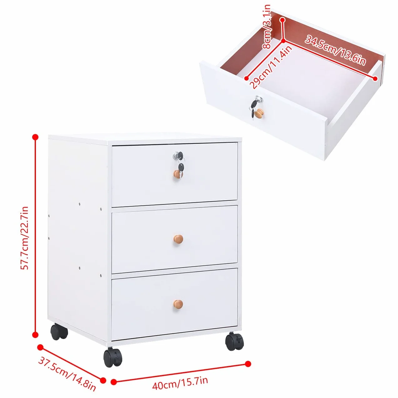 Ansley&HosHo Archivador móvil con 3 cajones, gabinete delgado para mesita de noche, armario de almacenamiento rodante debajo del escritorio, archivador de madera con cerradura, mesa de impresora de