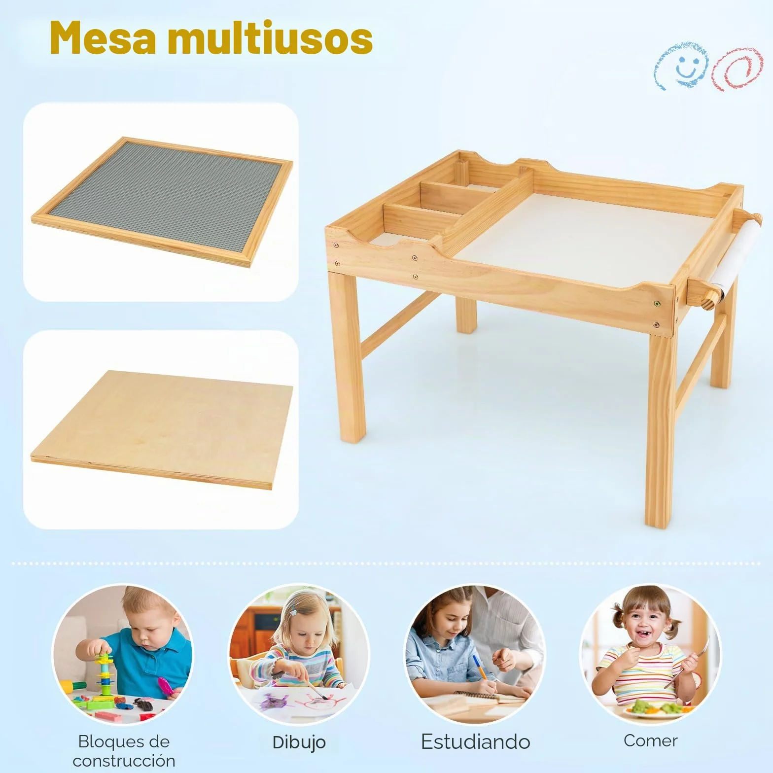 GOPLUS Mesa de Actividades 2 en 1 con Tablero Reversible, Mesa de Construcción para Niños de 3+ Años con Espacio de Almacenaje Clasificado, Mesa de Juego de Madera con Barra Lateral, 86,5X60X57CM