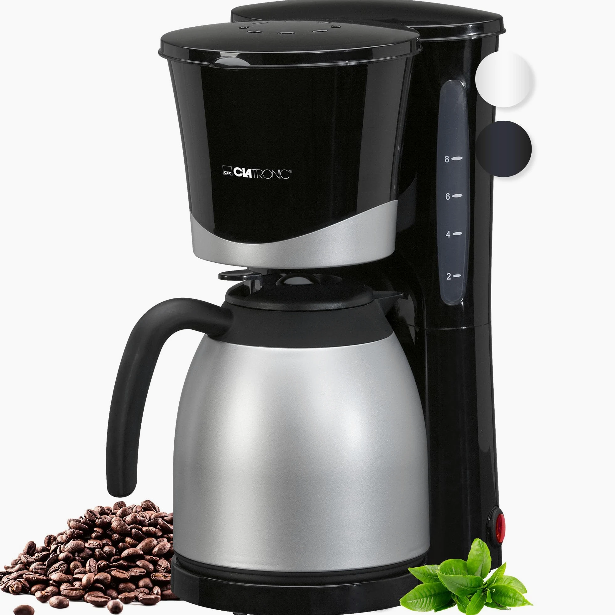 Clatronic Cafetera para 8-10 tazas de café de filtro, con jarra térmica, sistema antigoteo y desconexión automática, filtro extraíble, indicador de nivel de agua aproximativo 1 litro, KA 3327 negro