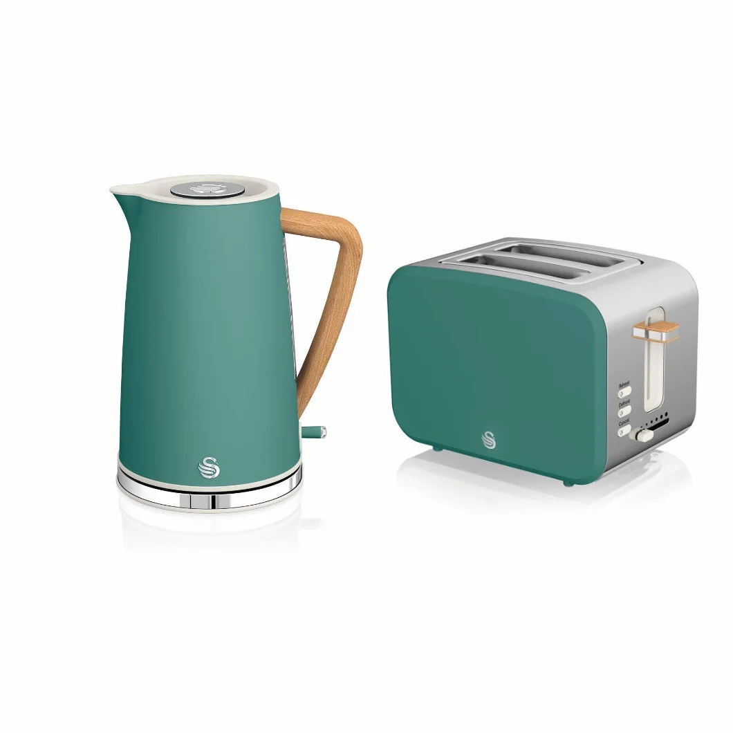 Swan Nordic Set Desayuno Hervidor de agua inalámbrico 1,7L 2200W, Tostadora Pan ranura ancha 2 rebanadas, 3 funciones, diseño moderno, efecto madera, verde