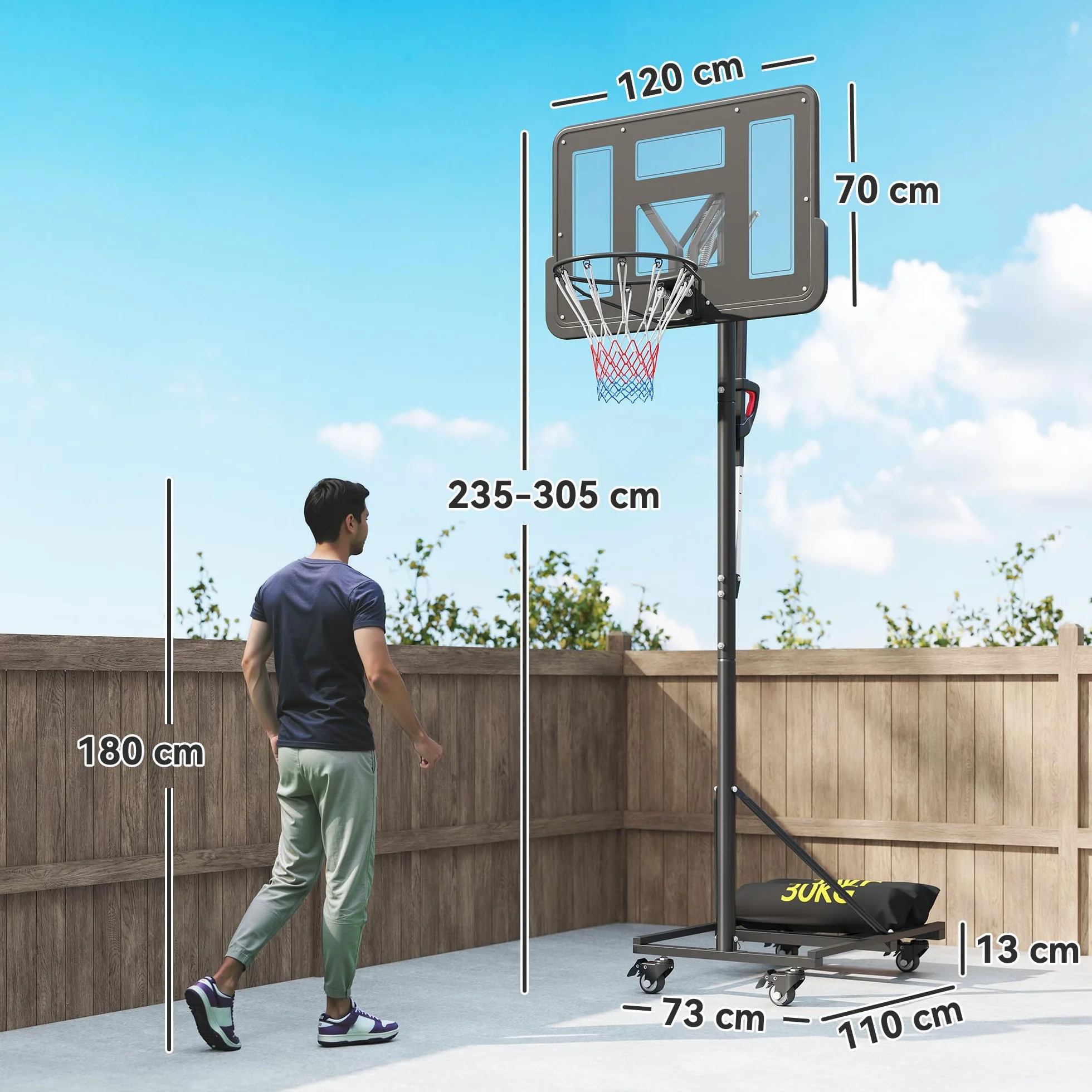 SPORTNOW Canasta de Baloncesto Exterior Altura Ajustable 235-305 cm Portátil Tablero Irrompible 110 cm Ruedas Saco de Peso Negro