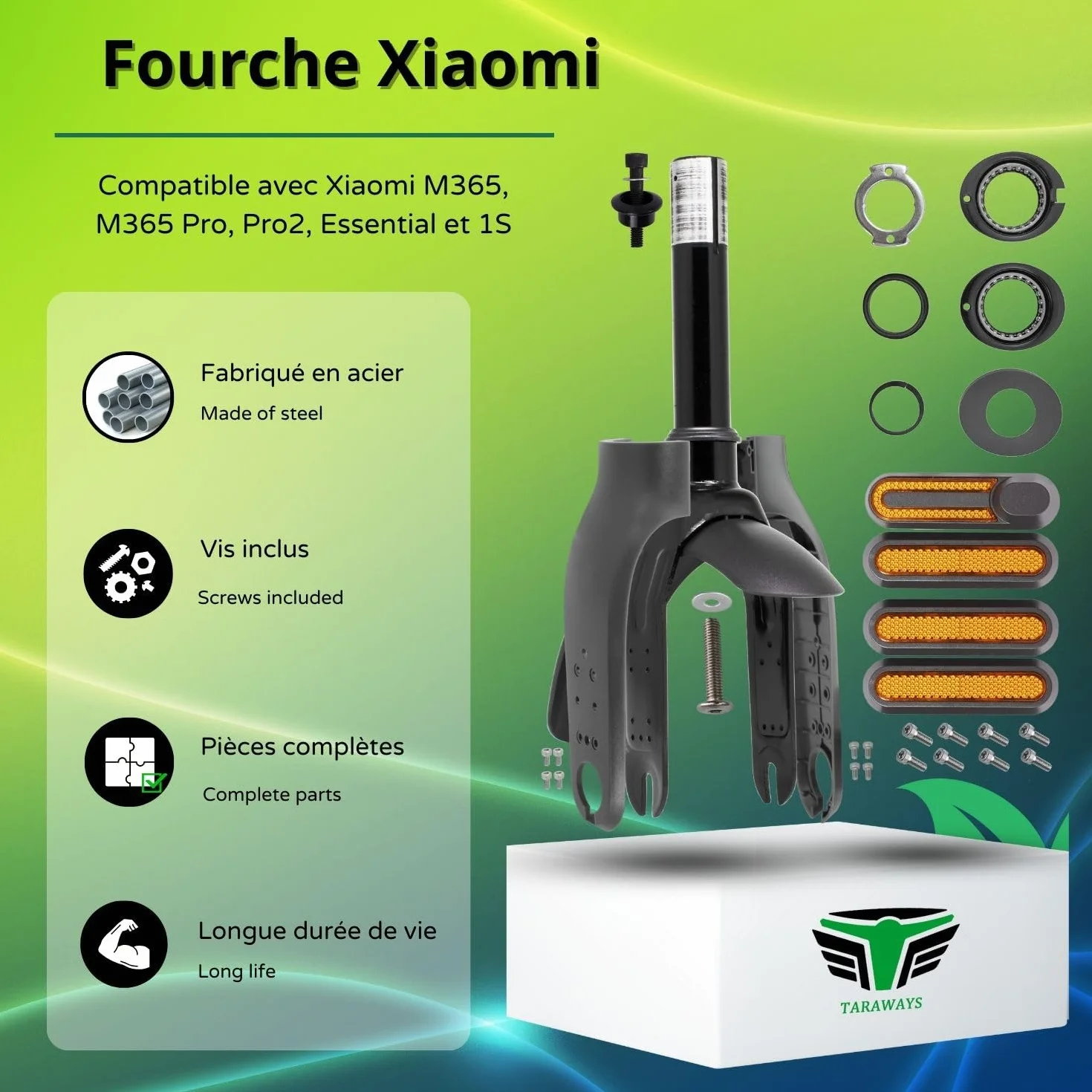 Horquilla delantera para patinete Xiaomi M365, M365 Pro, Pro2, Essential y 1S (tenedor + accesorios- Negro)