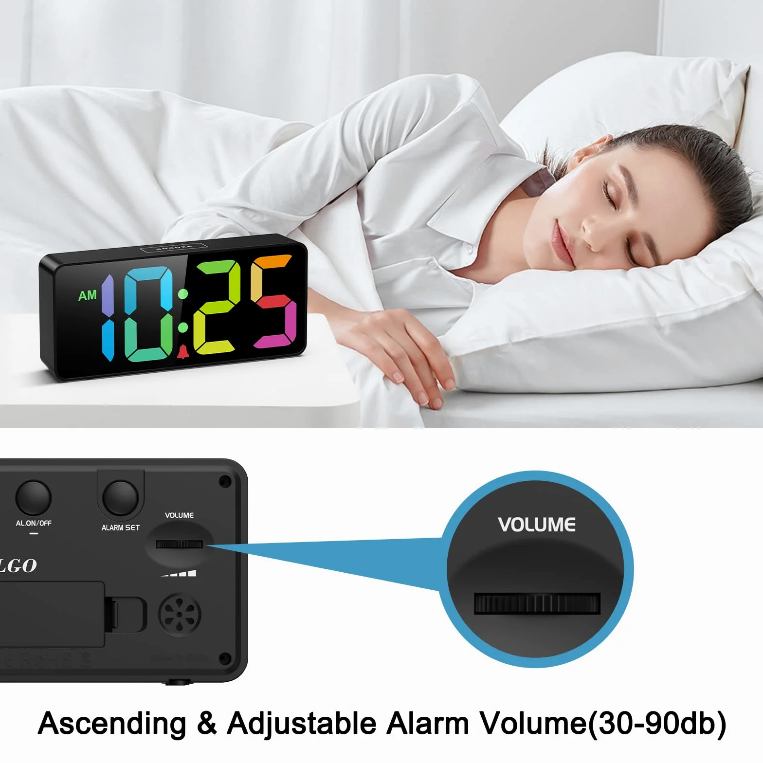 Welgo - Reloj despertador de gran cantidad de 7.5 pulgadas para personas mayores y niños, 0-100% de brillo y volumen ajustable, puerto de carga USB, operación fácil, repetición, fuente de alimentación