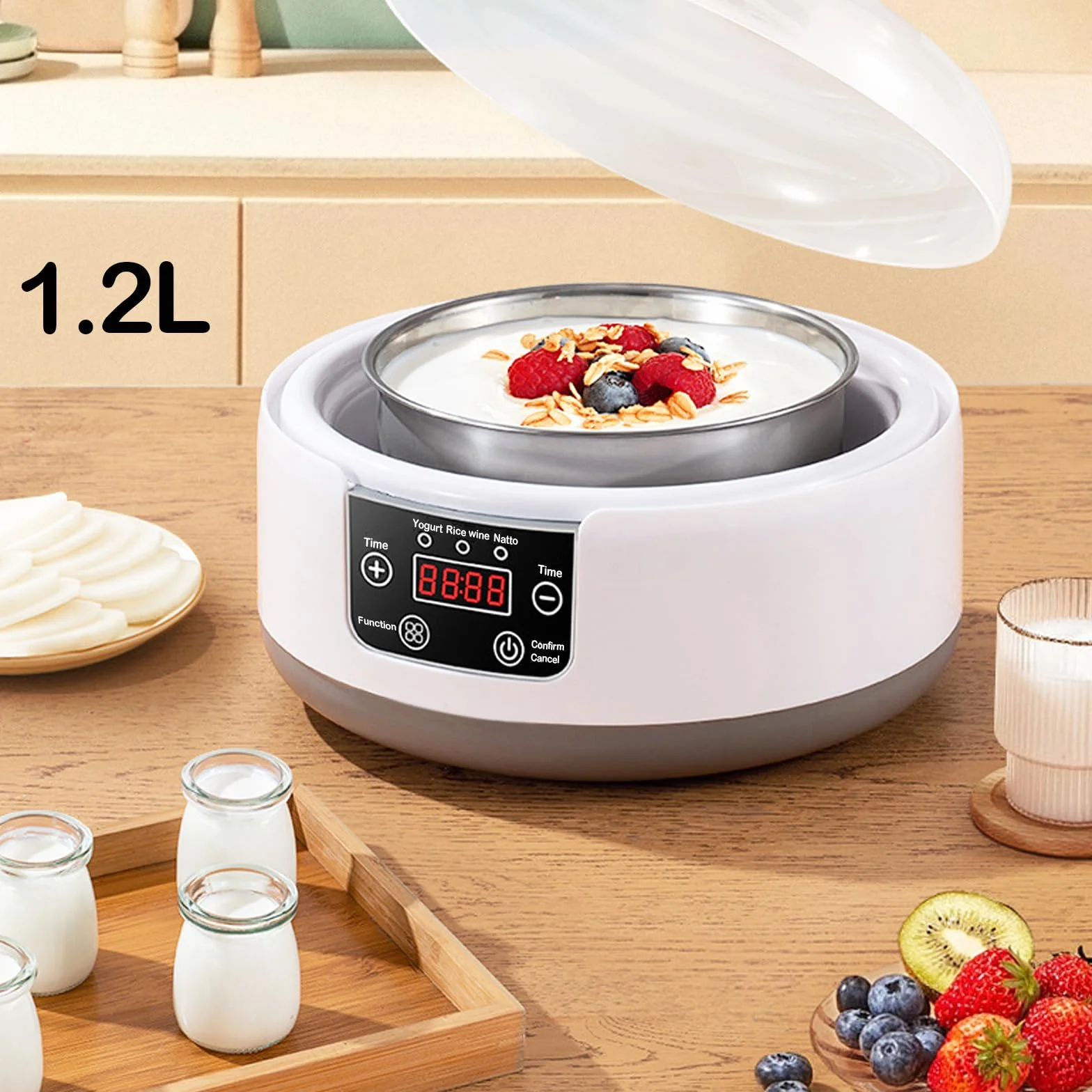 Aisny Yogurtera, Máquina de Yogur con Tazón de Yogur de Acero Inoxidable y 5 Tazas de Yogur 220V 15W Yogurtera Yogur Griego Casero para Hacer Yogur Orgánico Endulzado o Sin Azúcar