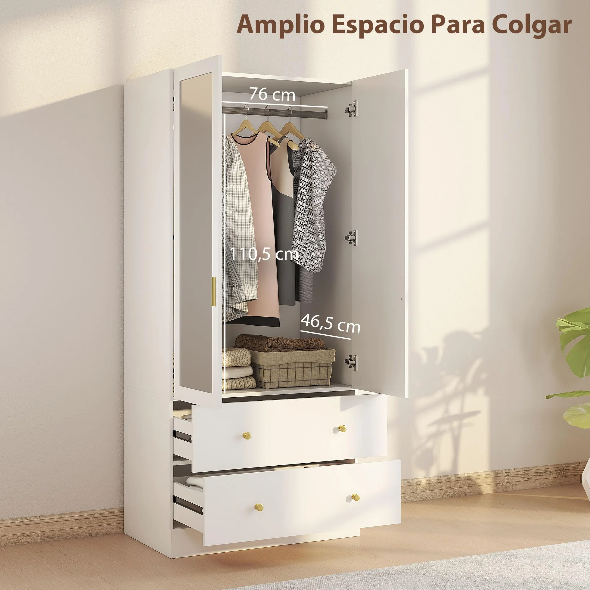 HOMCOM Armario Dormitorio 2 Puertas y 2 Cajones, Armario Ropero con Espejo, Barra para Colgar, Estilo Moderno, 80x50x180 cm, Blanco