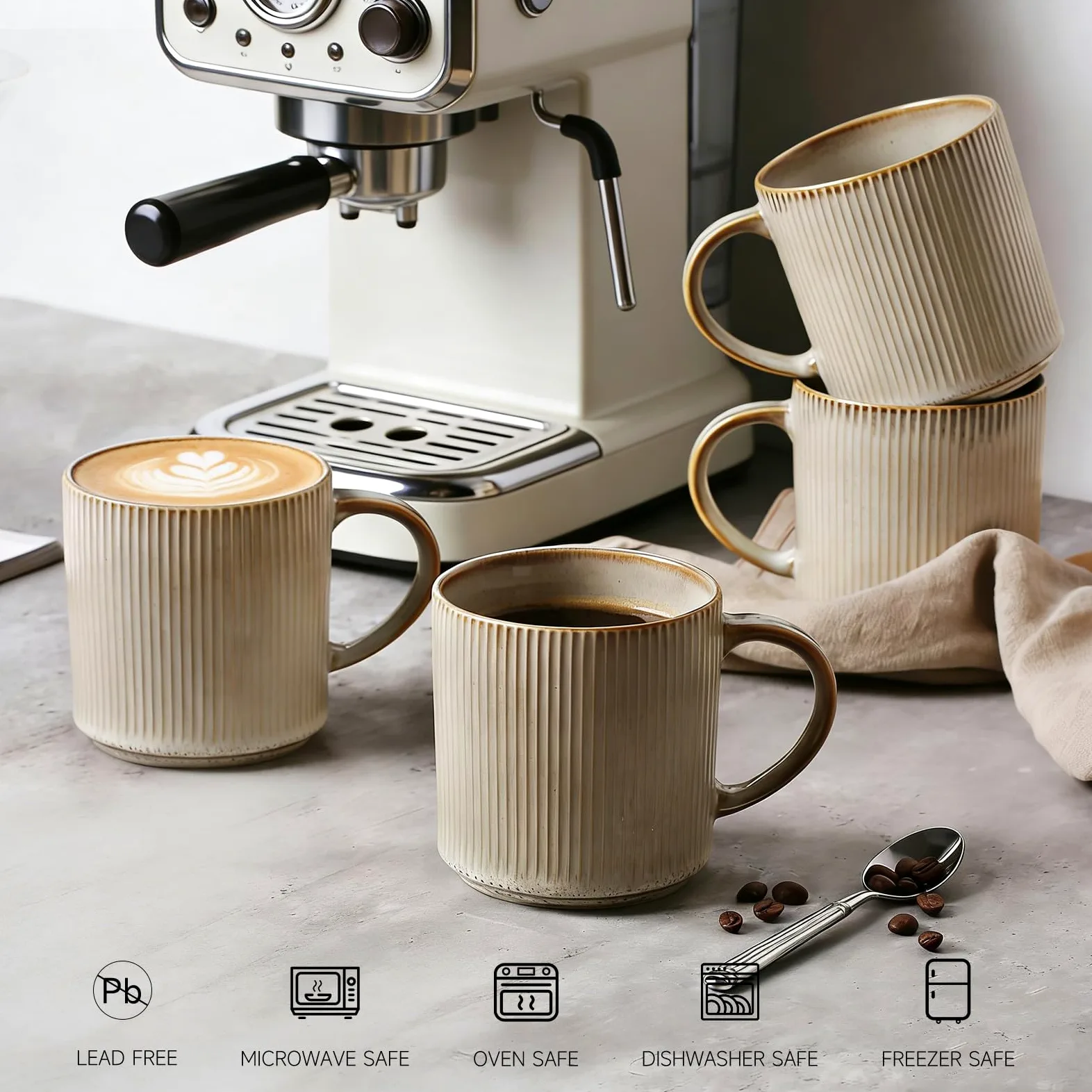MONITO Juego de 4 tazas de café de 16 onzas, tazas de café de cerámica con asas grandes, adecuadas para latte, té caliente, capuchinos, moca y cacao, beige bonbon