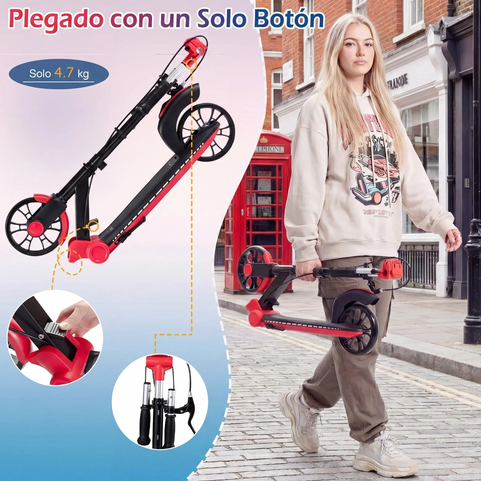 COSTWAY Patinete Plegable con LED Luminosas, Scooter Urbano de Altura Ajustable para Adolescentes y Adultos, Carga 100kg