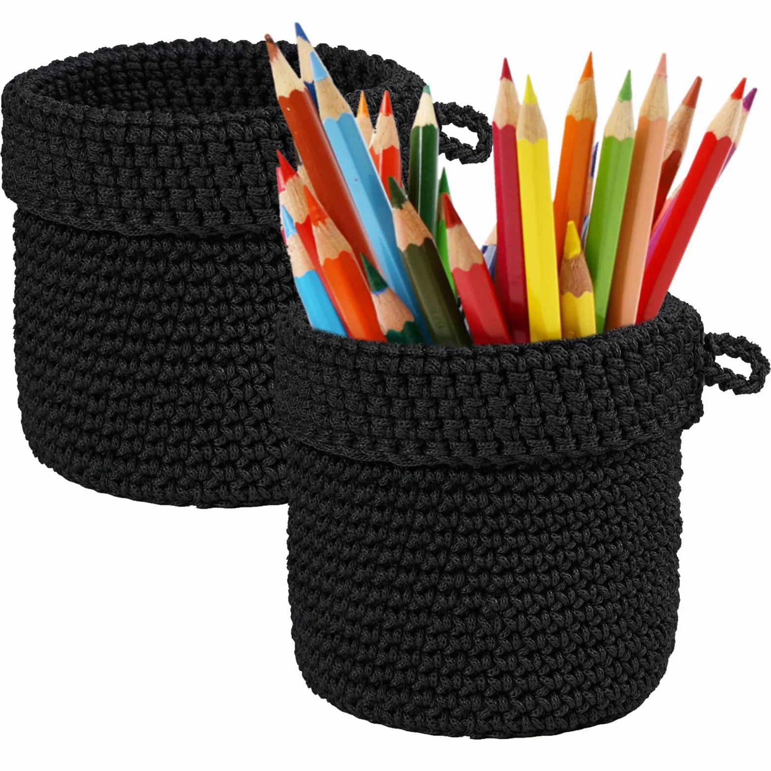 Cesta de Ganchillo Negra 2 Piezas, Cestas Almacenaje Cuerda Algodón Tejidas 13x14 cm para Decoración Hogar