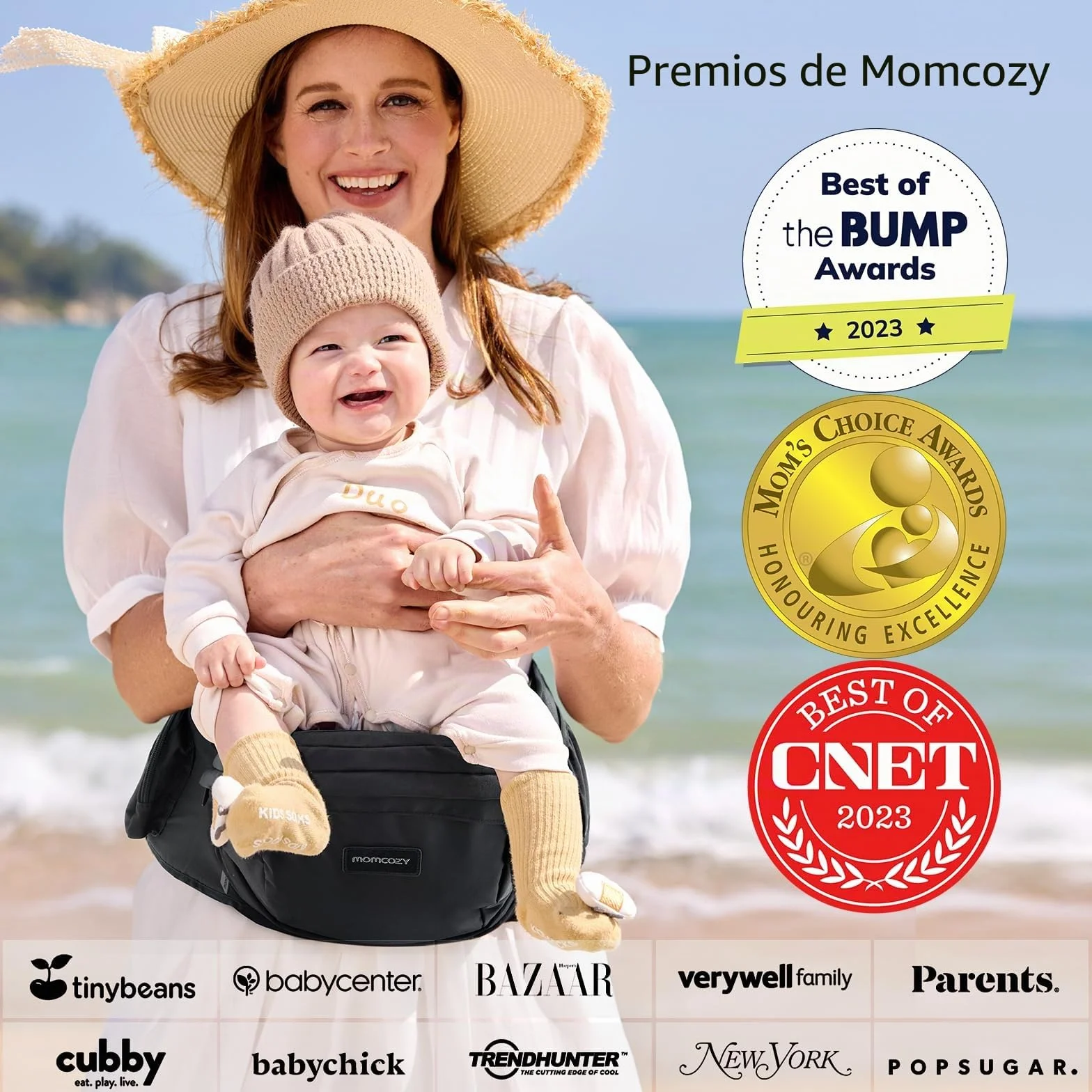 Portabebés Momcozy Ergonómico Ajustable con Protector de Vientre 3D Original para Recién Nacidos hasta 45lbs Negro Mediano