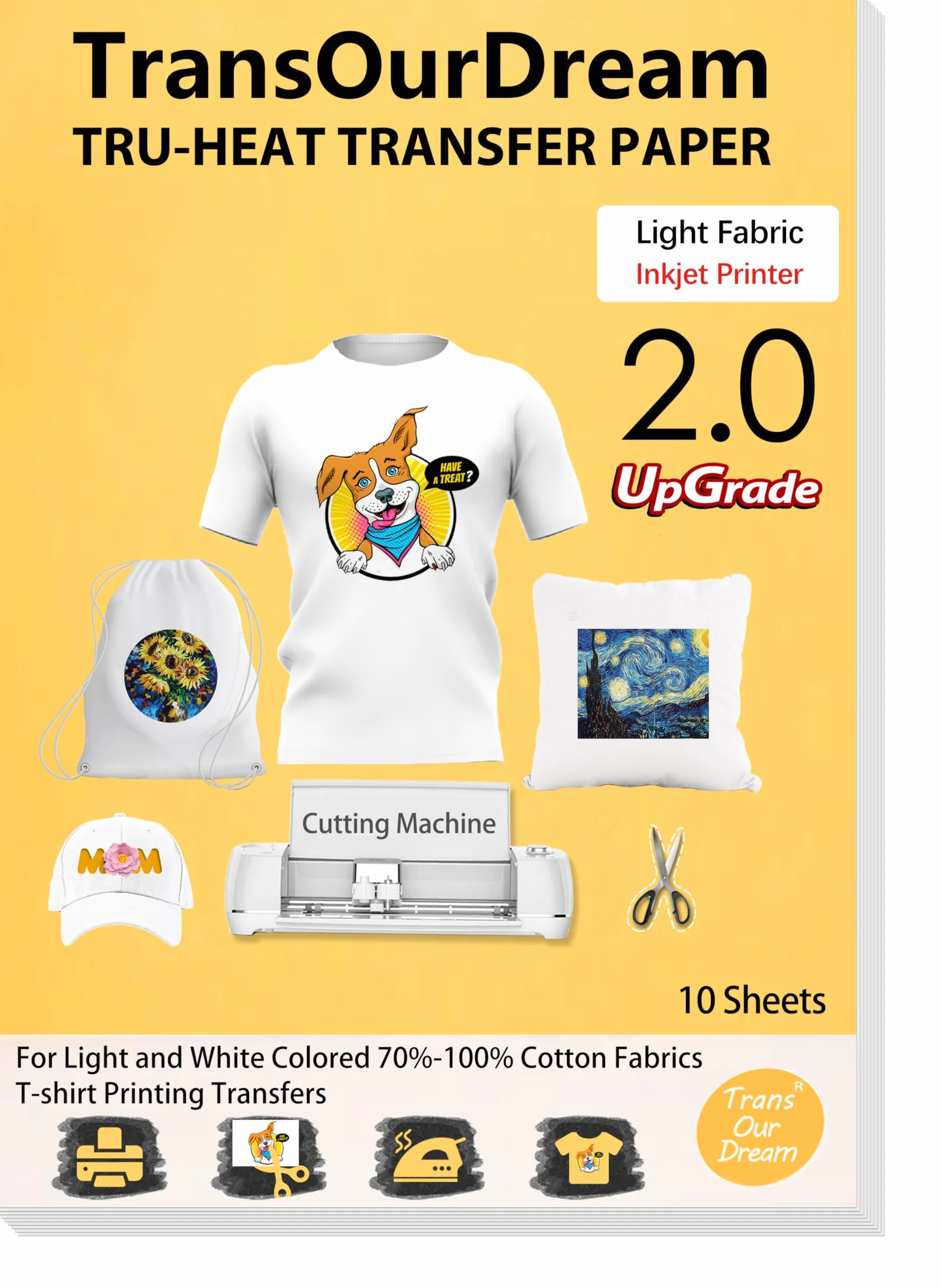TransOurDream-vieja marca.Transfer Paper Para Tejidos Claros,Papel de Transferencia,Sin Impresión de Espejo(A4x10 Hojas)