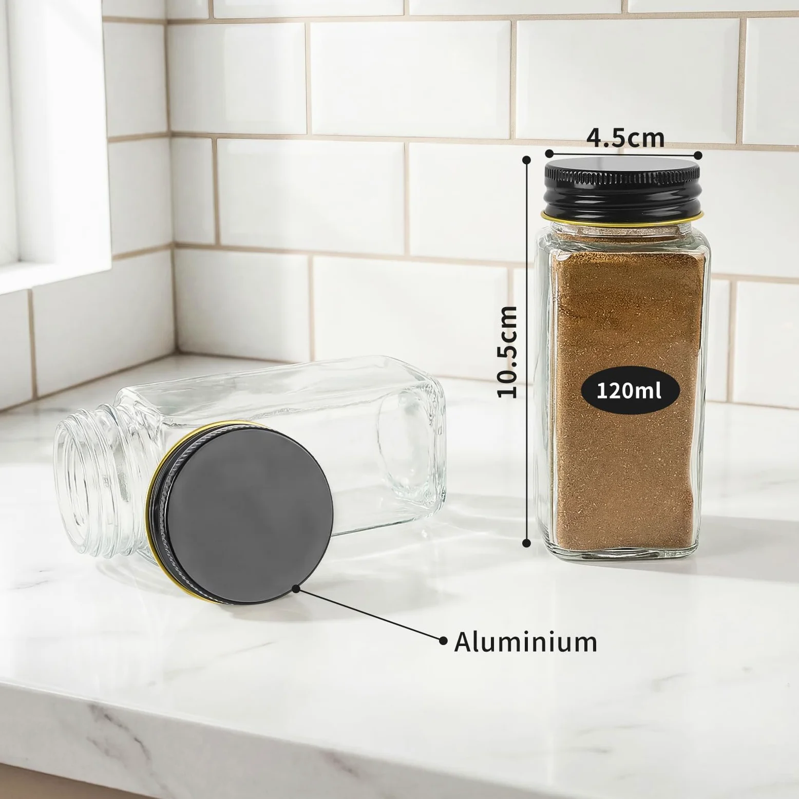 36 Piezas Botes Especias Cristal con Tapa de Aluminio, 120ml Frascos Especiarias Vidrio, Aptos para Cajones y Armarios de Cocina (Negro)