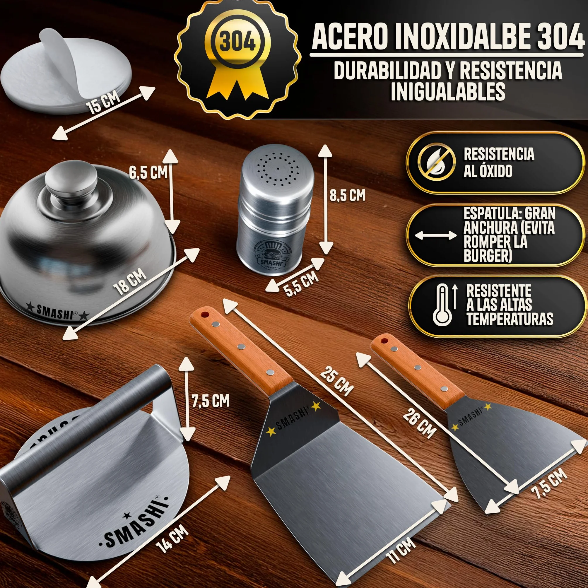 SMASHI® Smash Burger Kit Profesional Acero Inoxidable 304 Certificado EU Contacto Alimentos | Prensa Hamburguesas + 2 Espátulas con Mango de Madera + Accesorios | Incluye 25 Recetas (AVANZADO)