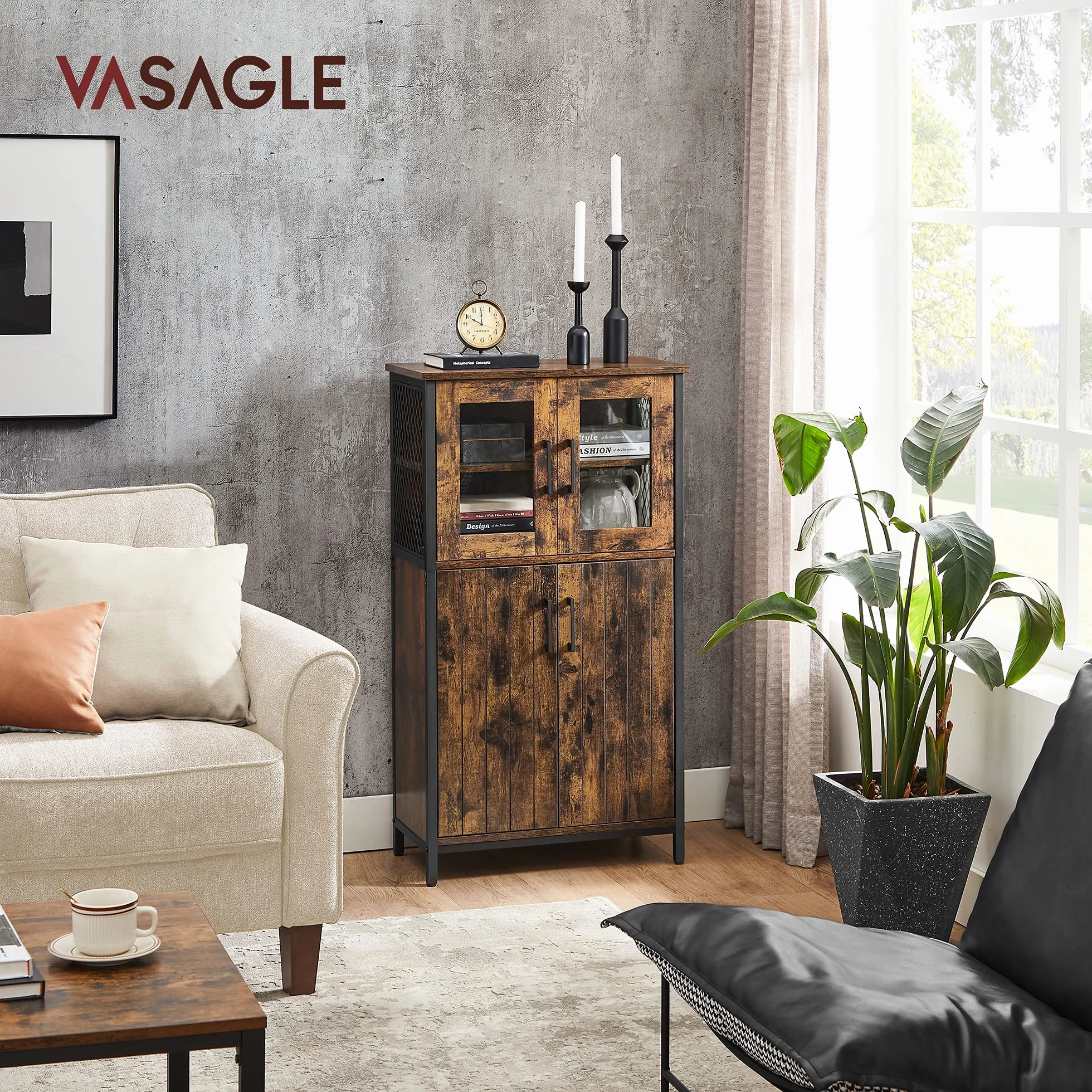 VASAGLE Armario Almacenaje, Armario Aparador, Estante Ajustable, Armario de Baño, Estructura de Acero, para Salón Cocina, Estilo Industrial, Marrón Rústico y Negro LSC260B01