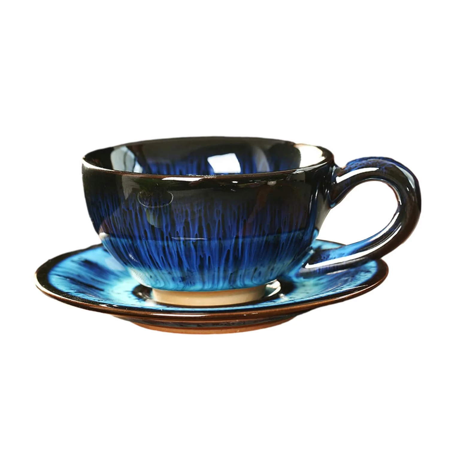 Juego de Taza y Plato de café Europeo de Porcelana Fina, 150 ml/5 oz, cerámica Europea transformada en Horno con Esmalte Cepillado (Azul Tinta).