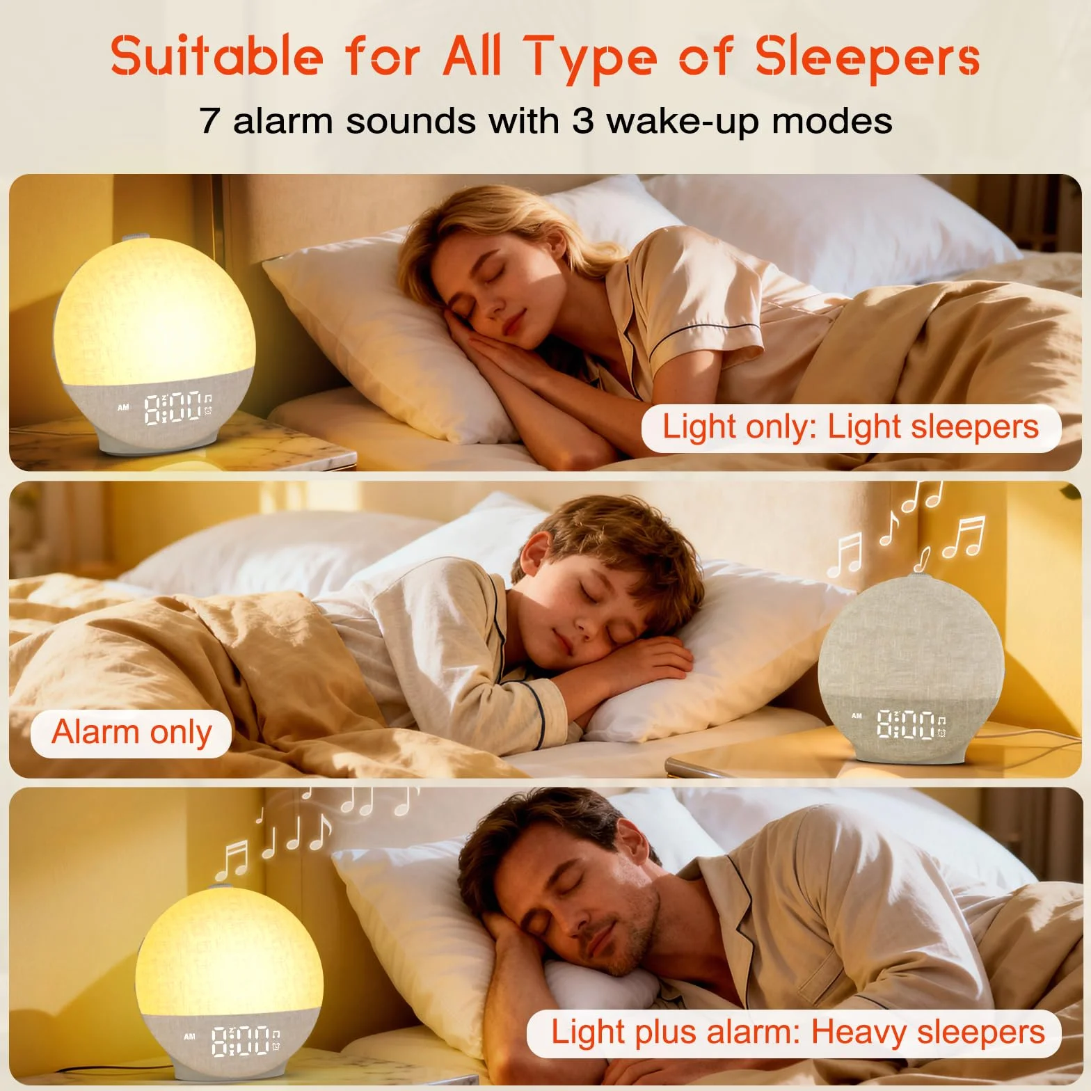 Reloj Despertador con Simulación de Amanecer, Despertador con Lámpara LED de Noche, 30 Efectos de Sonido Que Ayudan a Dormir, Función Temporizador y Snooze