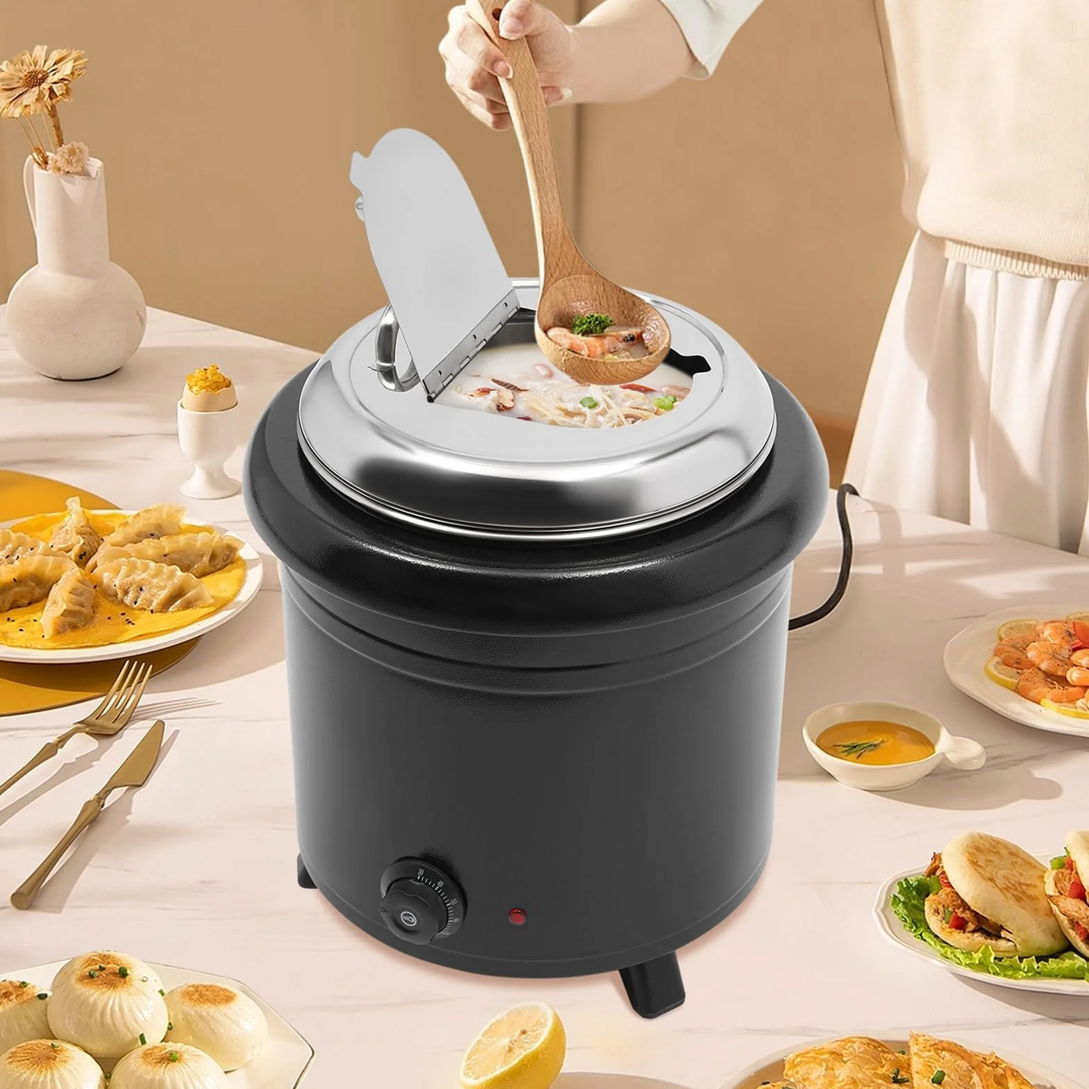 Olla para sopa, 13 L, acero inoxidable, calentador de sopa con tapa, 400 W, temperatura 30 – 85 °C, recipiente térmico regulable, para bufés, cantinas, cafetería y otras ocasiones, color negro