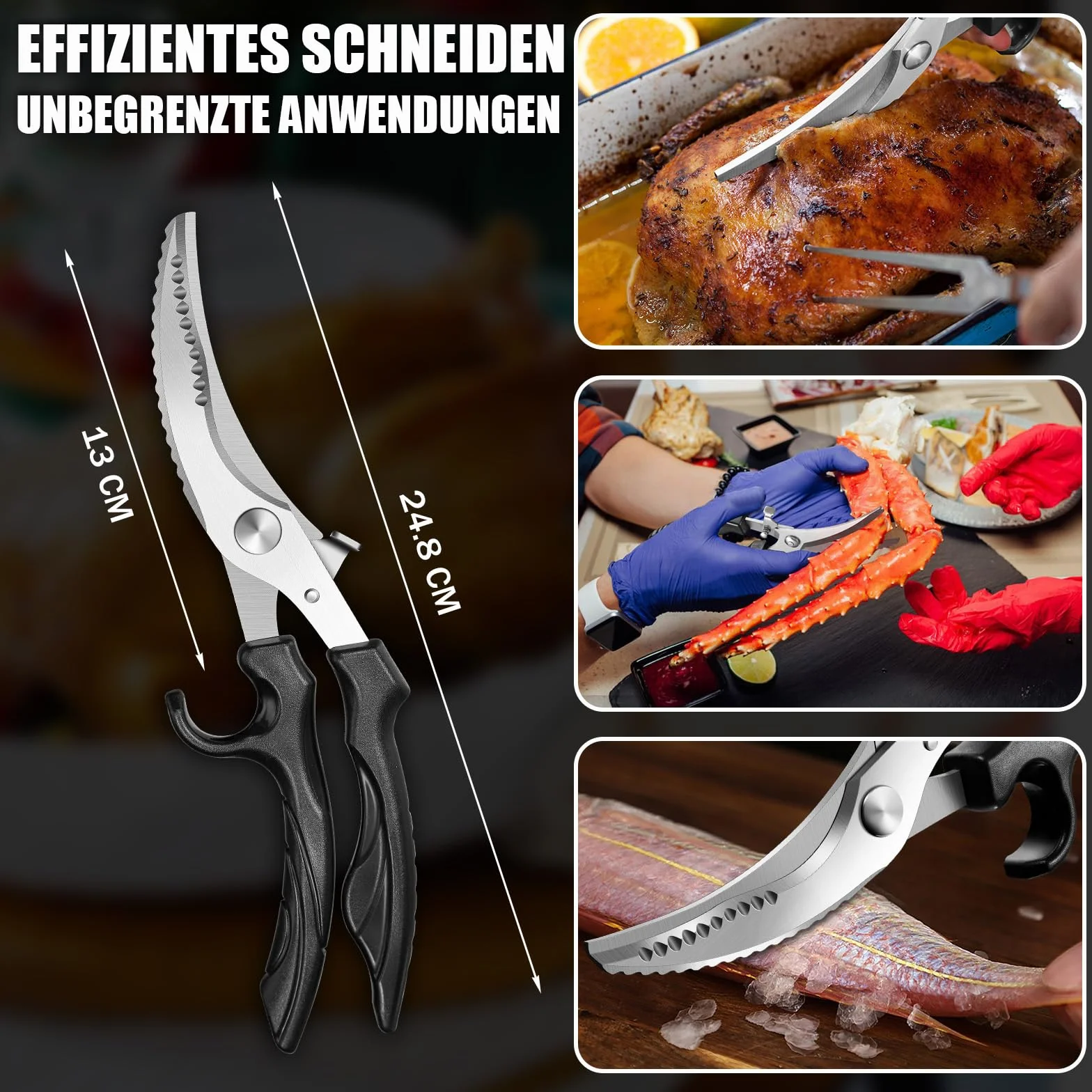 PURPLEBIRD Tijeras para Aves, Tijeras de Cocina Profesionales de Acero Inoxidable, con Cierre de Seguridad & Mango Antideslizante, Borde Dentado, Tijera en para Pollos para Carne, Verduras y Huesos